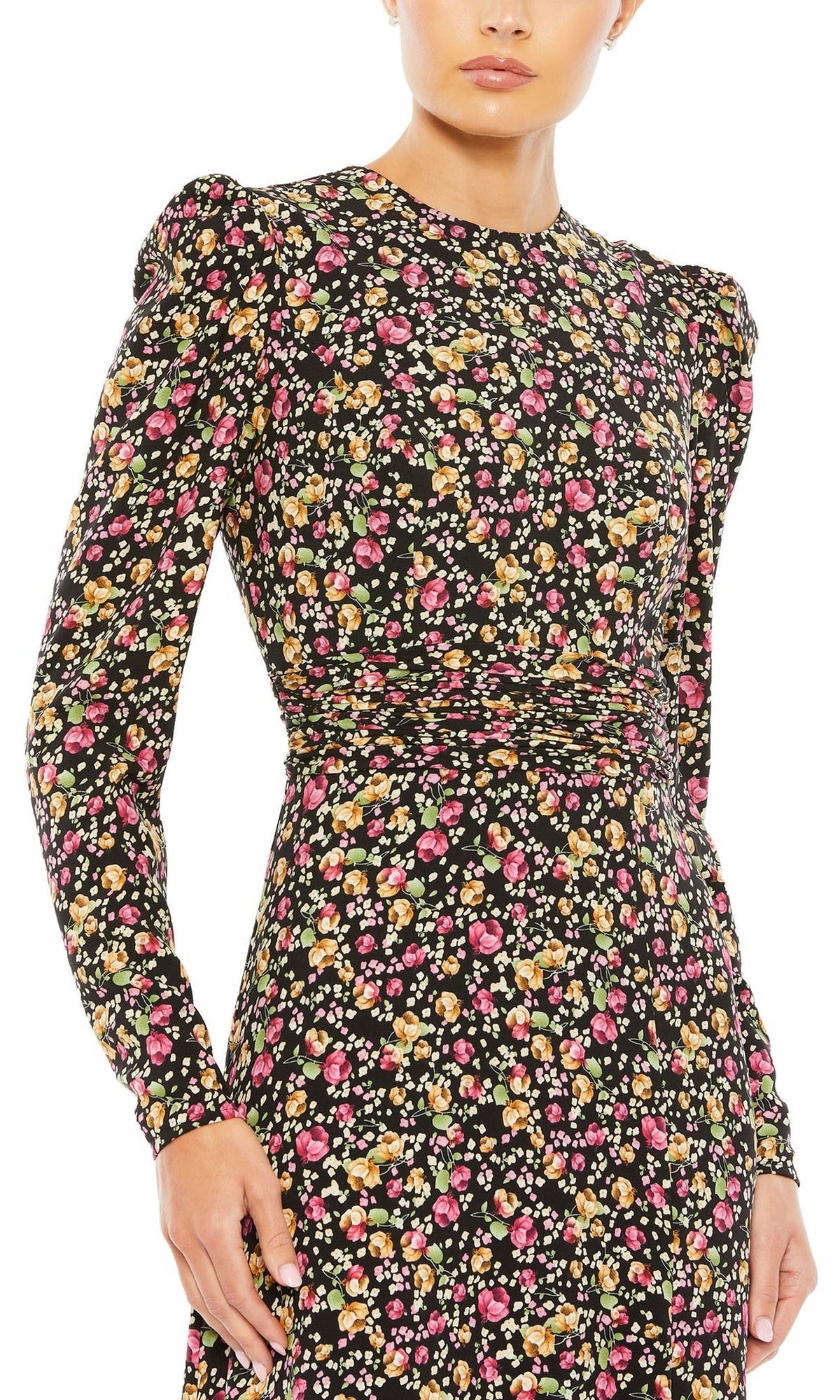 Someone is wearing the Long Formal Dress 26916 by Mac Duggal, a black formal gown featuring long sleeves, a fitted waist, and a vibrant multicolored floral print.