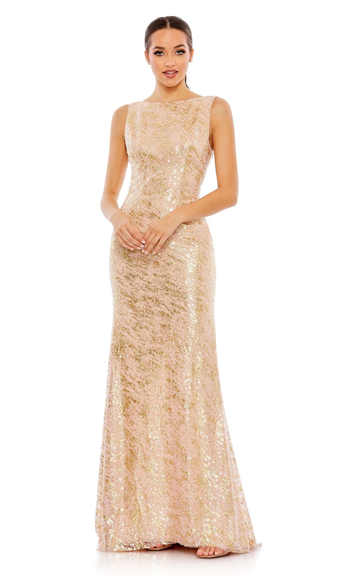 A woman stands against a white background wearing the Mac Duggal 26981 long pink sequin formal dress, featuring a sleeveless design, open back, and fitted silhouette.
