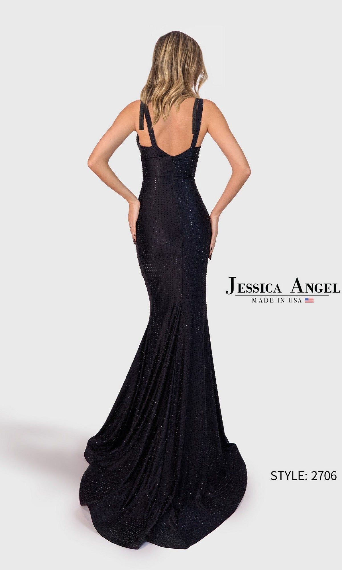 A woman models the Jessica Angel 2706 long prom dress—a fitted, floor-length black glitter gown with a low back and wide straps. Text reads