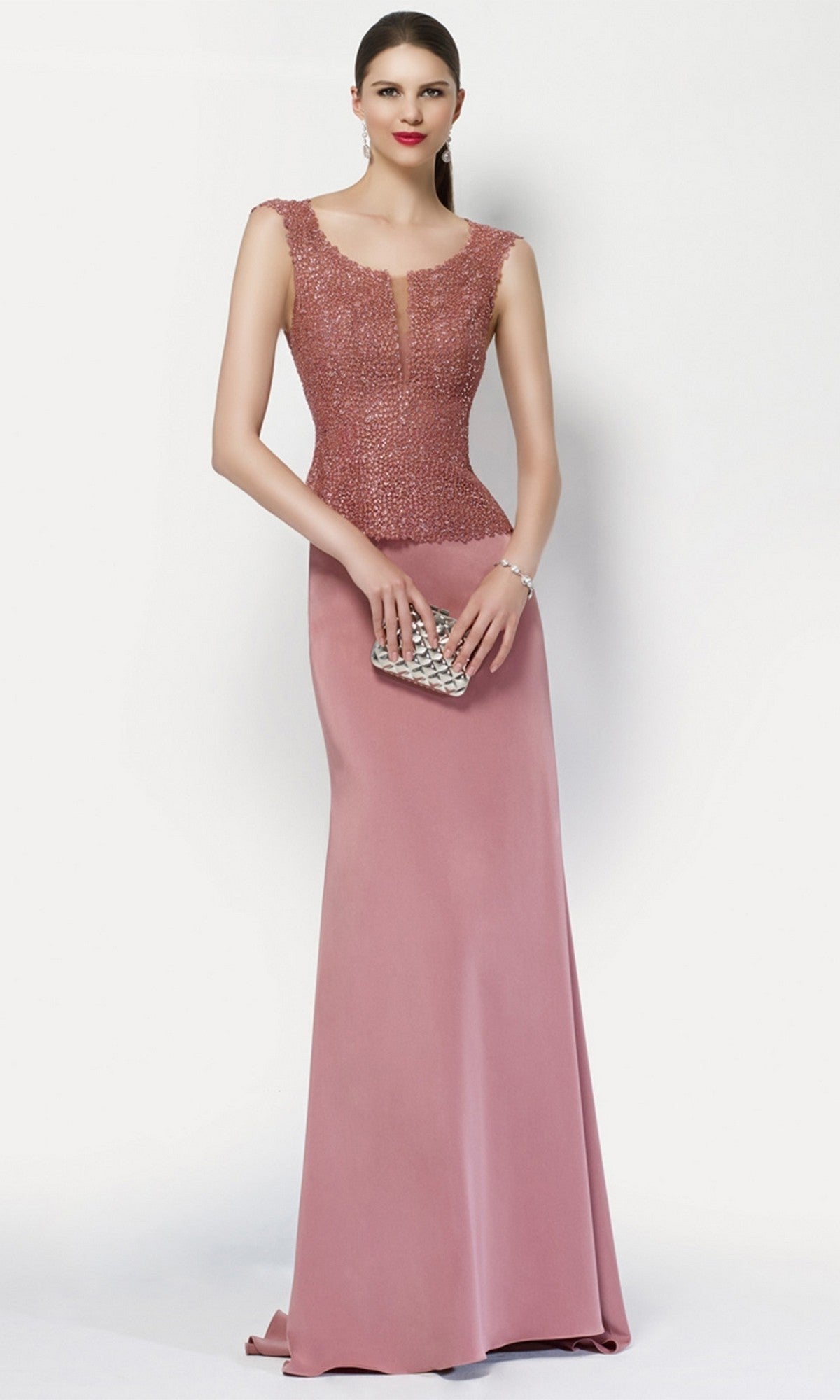 A woman in the Alyce 27105 Long Formal Dress, a sleeveless, floor-length dusty rose beaded column gown with a beaded bodice, holds a silver clutch while standing against a plain white background.