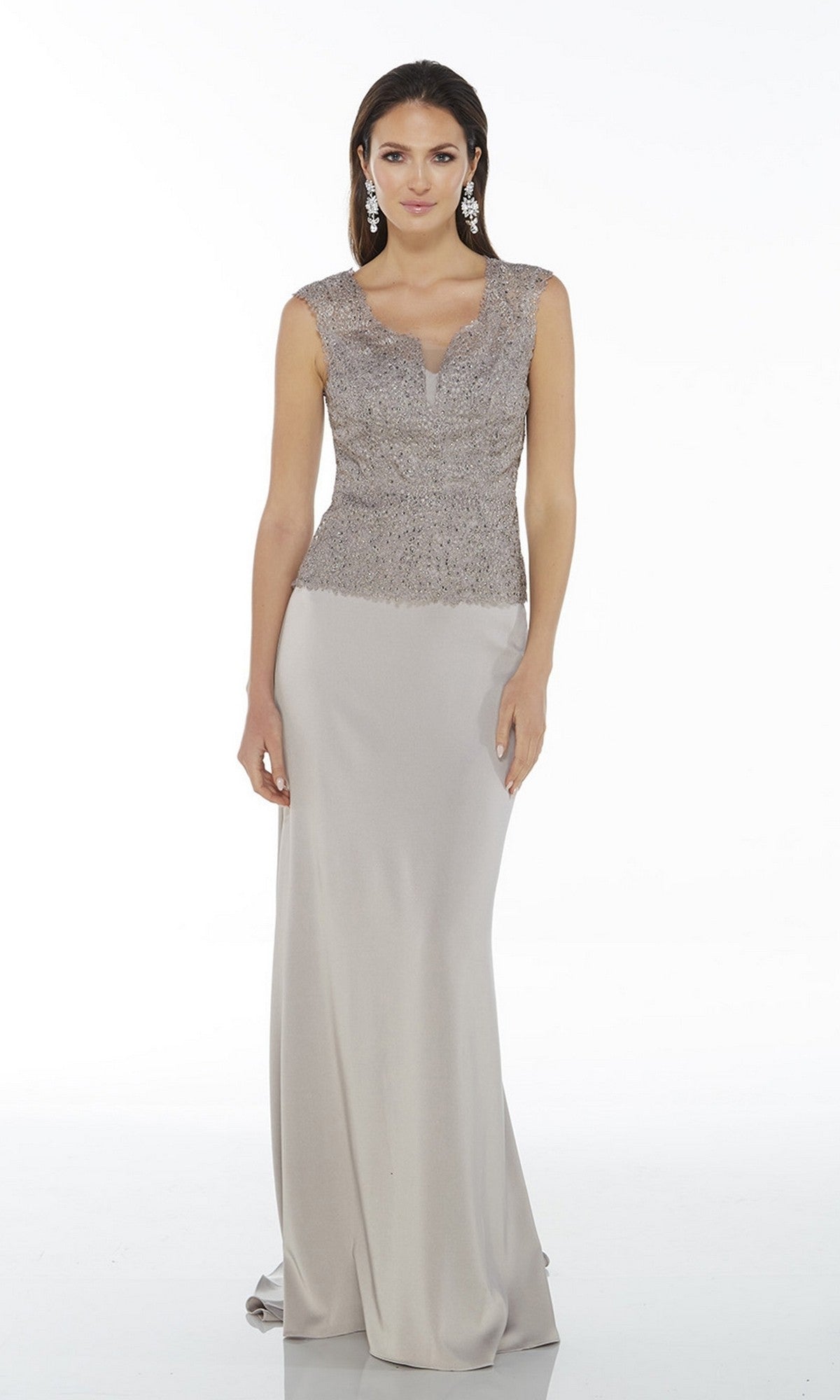 A woman wearing the Alyce 27105 long formal dress—sleeveless, floor-length, light gray with a fitted textured bodice and smooth skirt—stands against a plain white background.