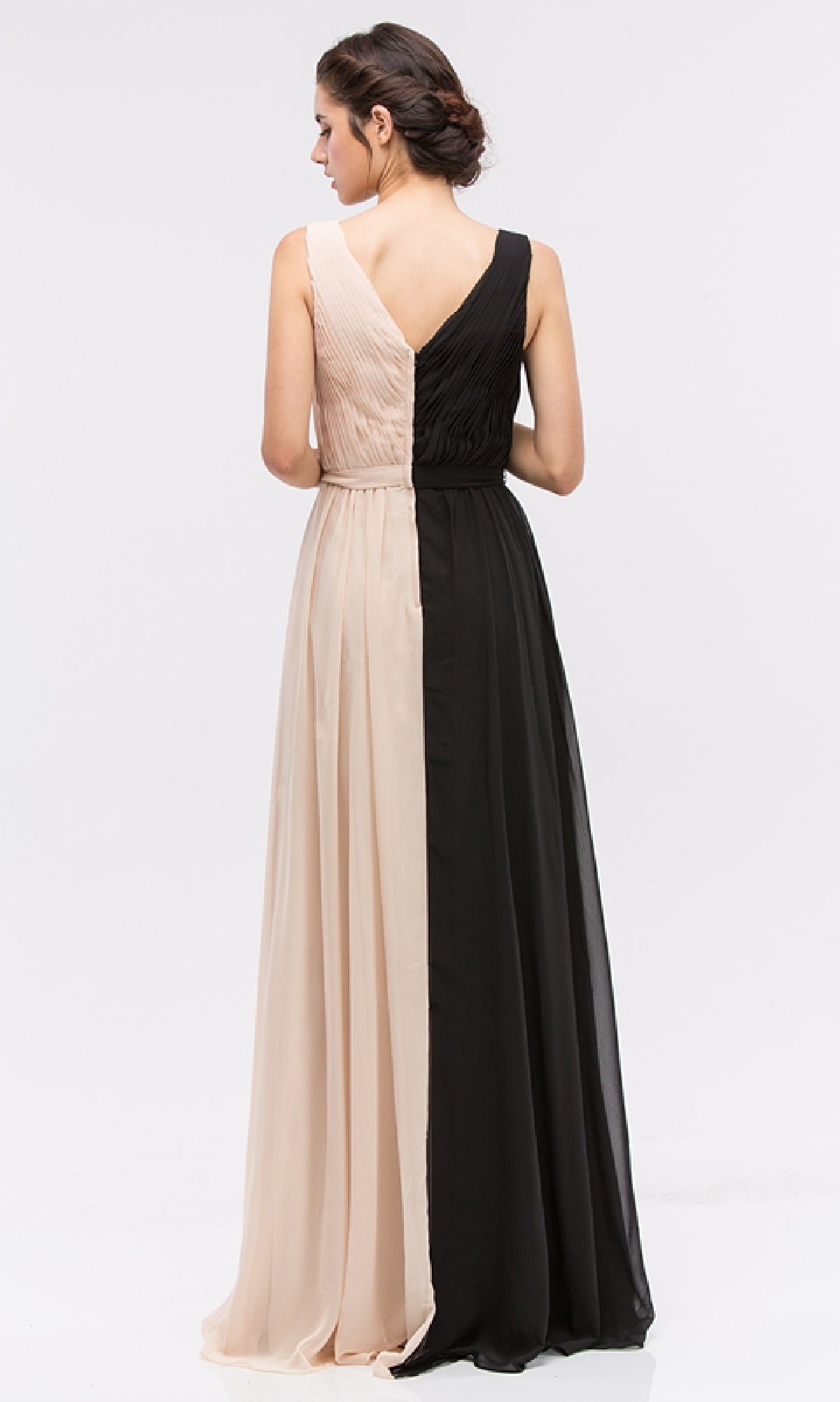 A woman faces away in the Eureka 2711: a sleeveless, floor-length two-toned chiffon formal dress with a black right side and beige left, styled with an elegant updo.