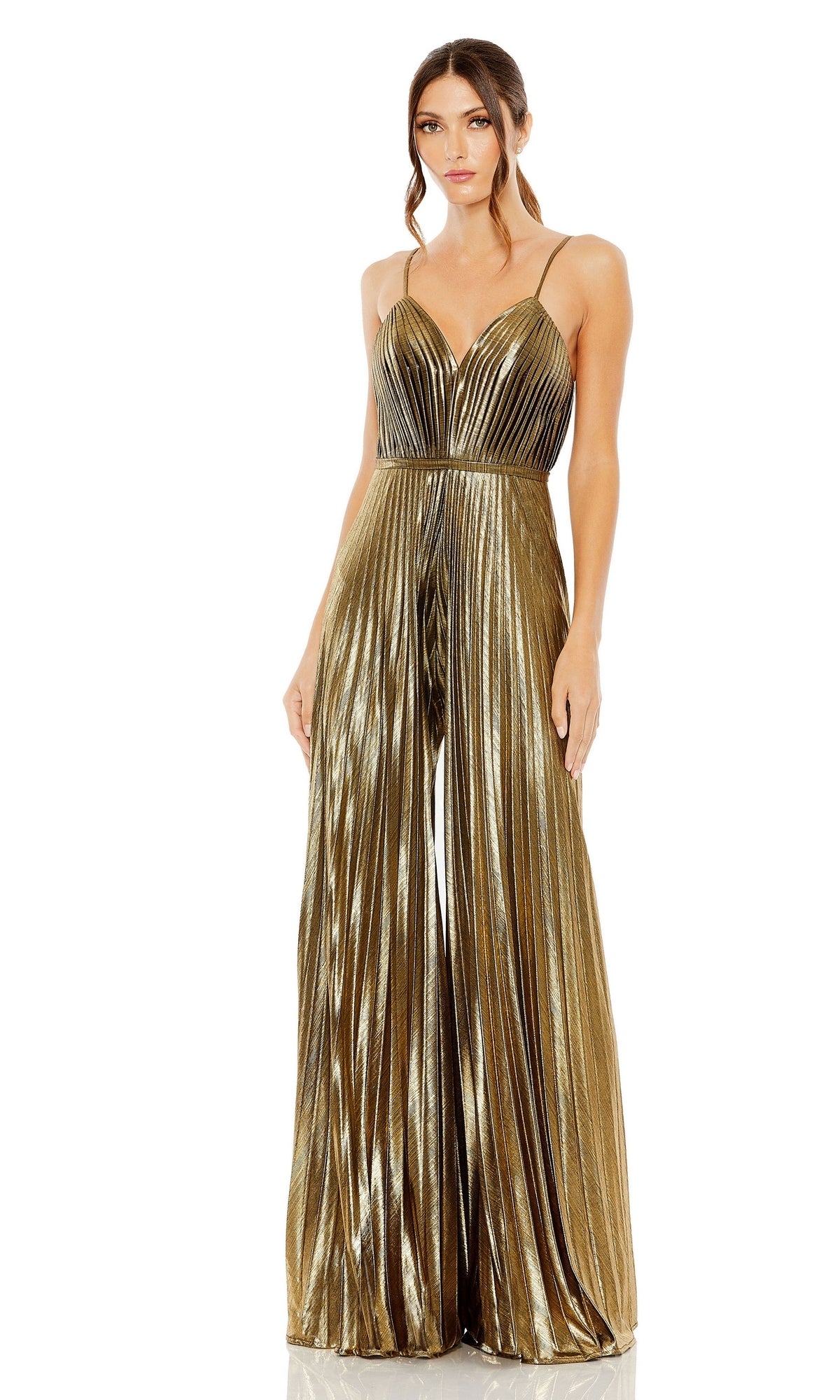 A woman models the Mac Duggal 27143 Gold Pleated Formal Jumpsuit, featuring spaghetti straps and wide-leg pants, against a white background—a perfect blend of elegance and modern style.