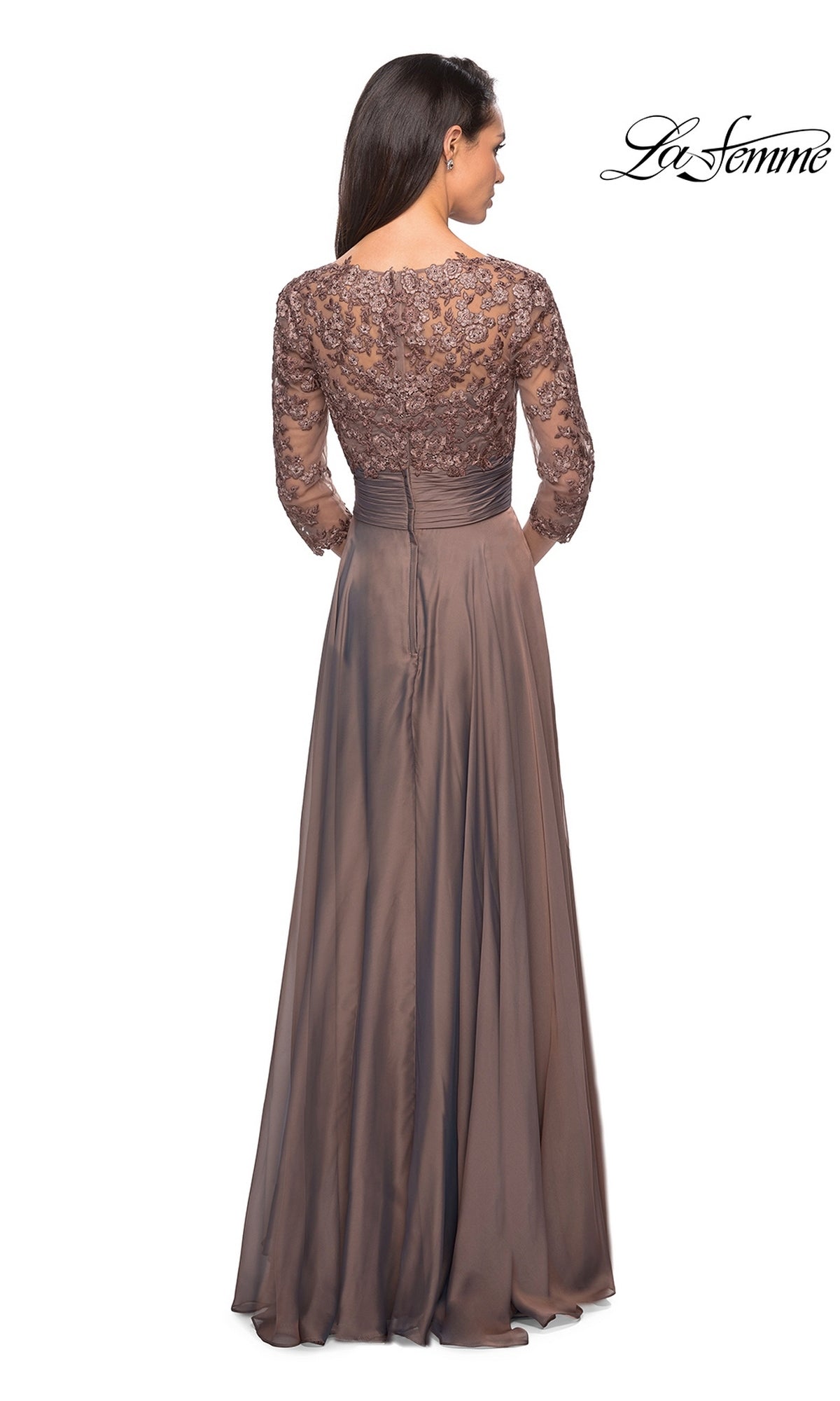 Back view of the Long Formal Dress: La Femme 27153, featuring a modest sheer lace bodice, three-quarter sleeves, and a floor-length chiffon skirt.