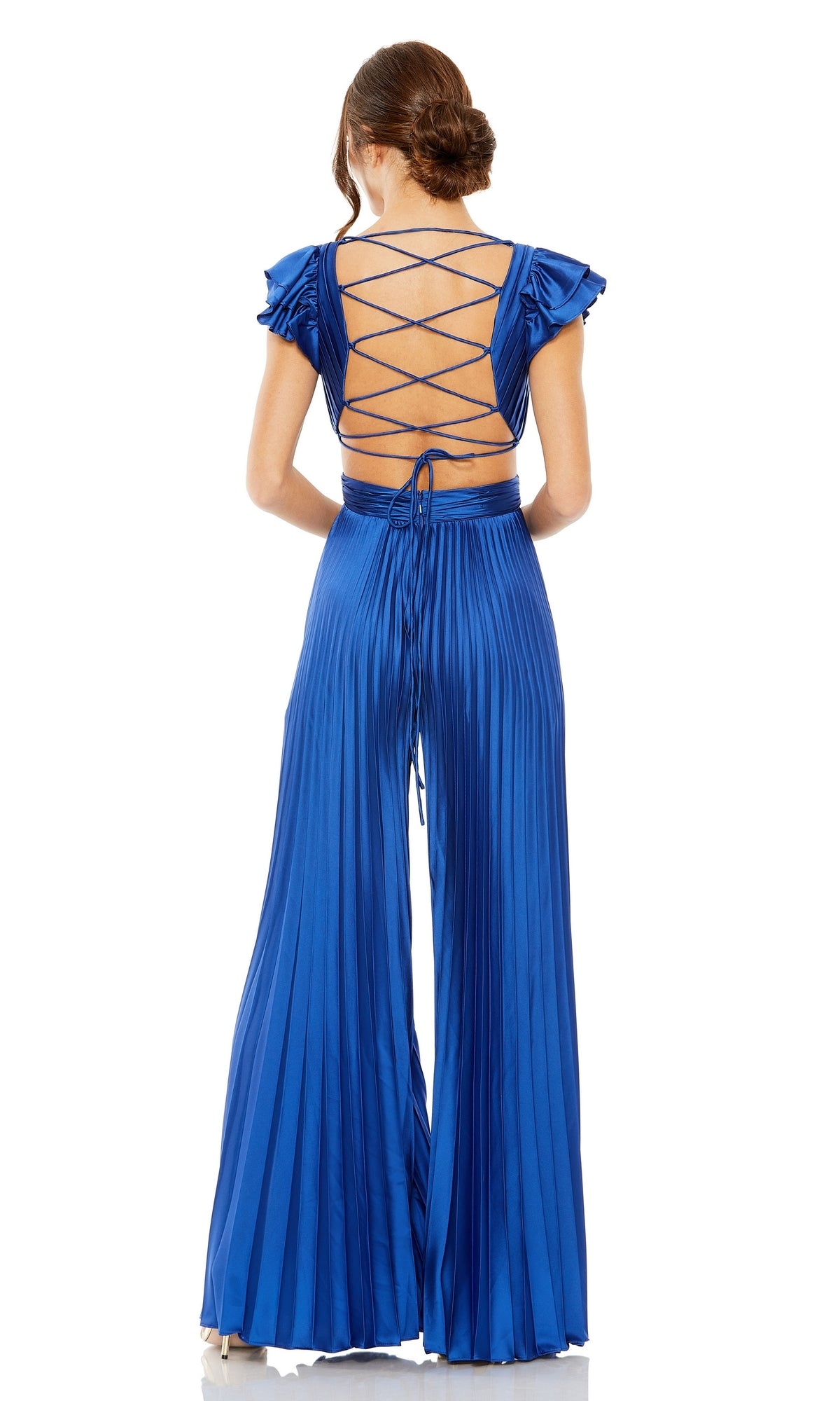 Woman facing away, wearing the Pleated Formal Jumpsuit 27361 by Mac Duggal in royal blue, featuring cap sleeves, a subtle v-neckline, pleats, and an open back with crisscross lace-up detailing.