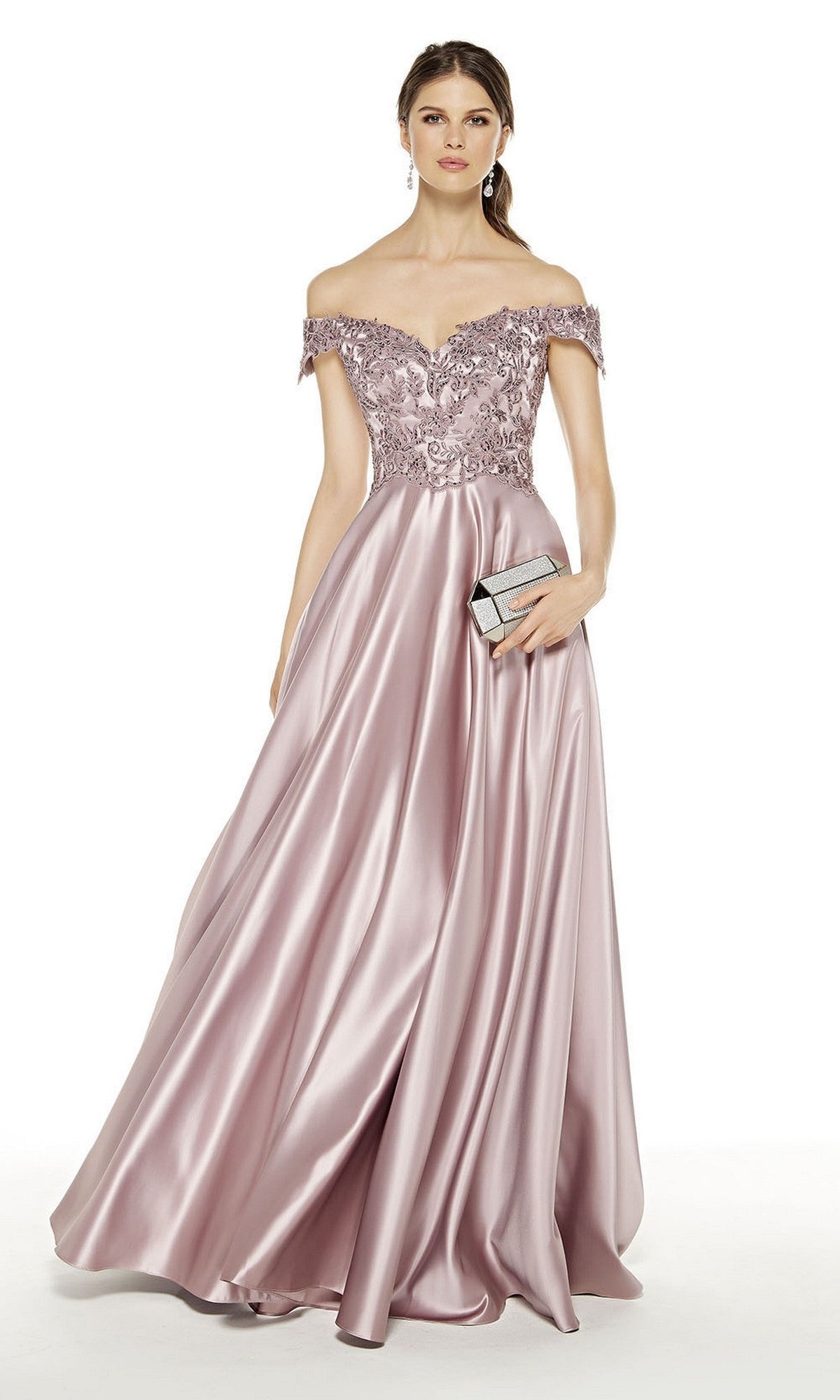 Woman in the Alyce 27393 long formal dress in Cashmere Rose, featuring an off-shoulder design and floral embroidered bodice, holding a silver clutch against a white background—a stunning mother-of-the-bride gown.