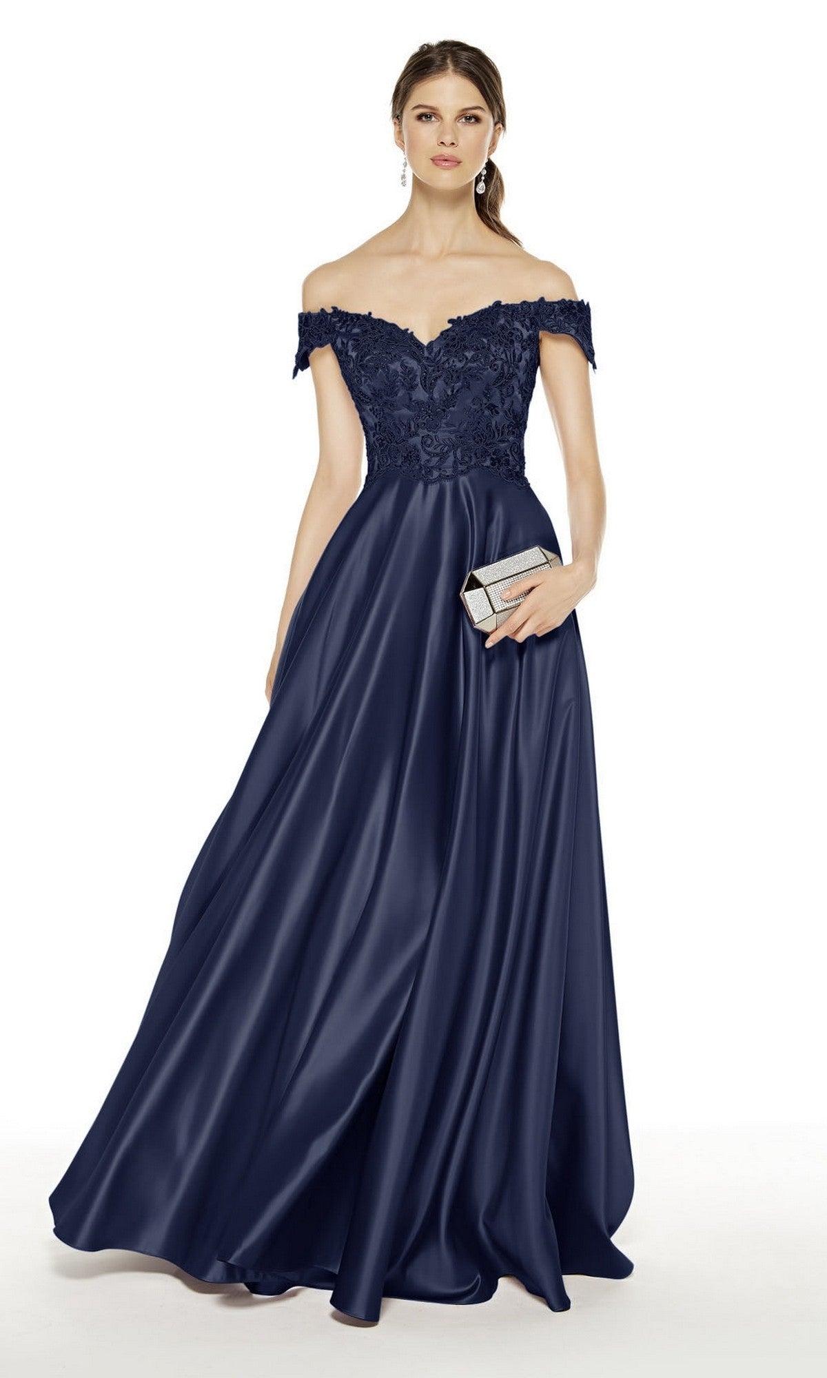 A woman wears the Alyce 27393 long formal dress in navy with off-shoulder lace detailing, holding a silver clutch.