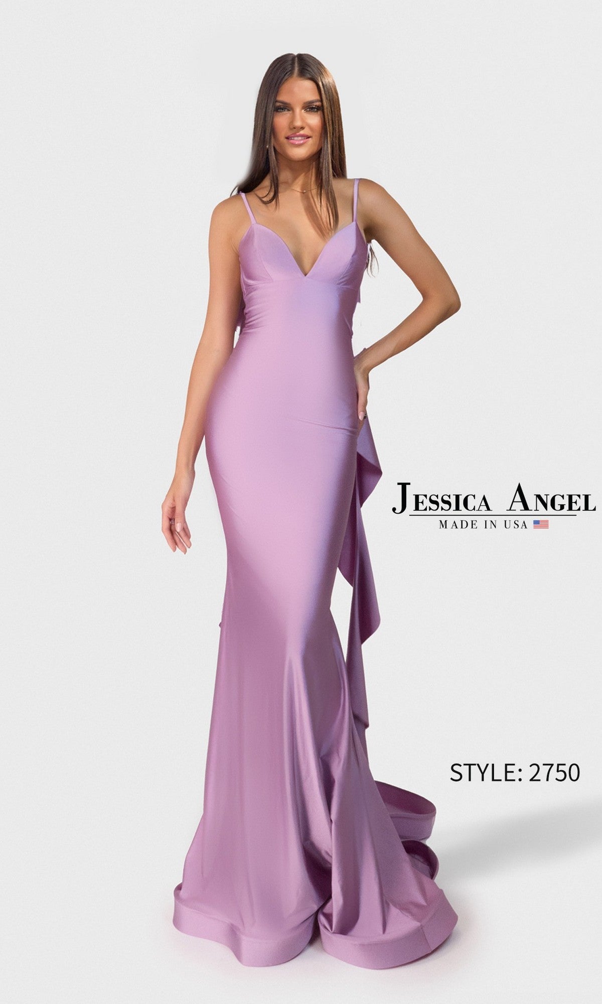 A woman wears the Long Prom Dress: Jessica Angel 2750 in Lavender Mist, a fitted, sleeveless gown with thin straps and a floor-length jersey design. Text on the image reads