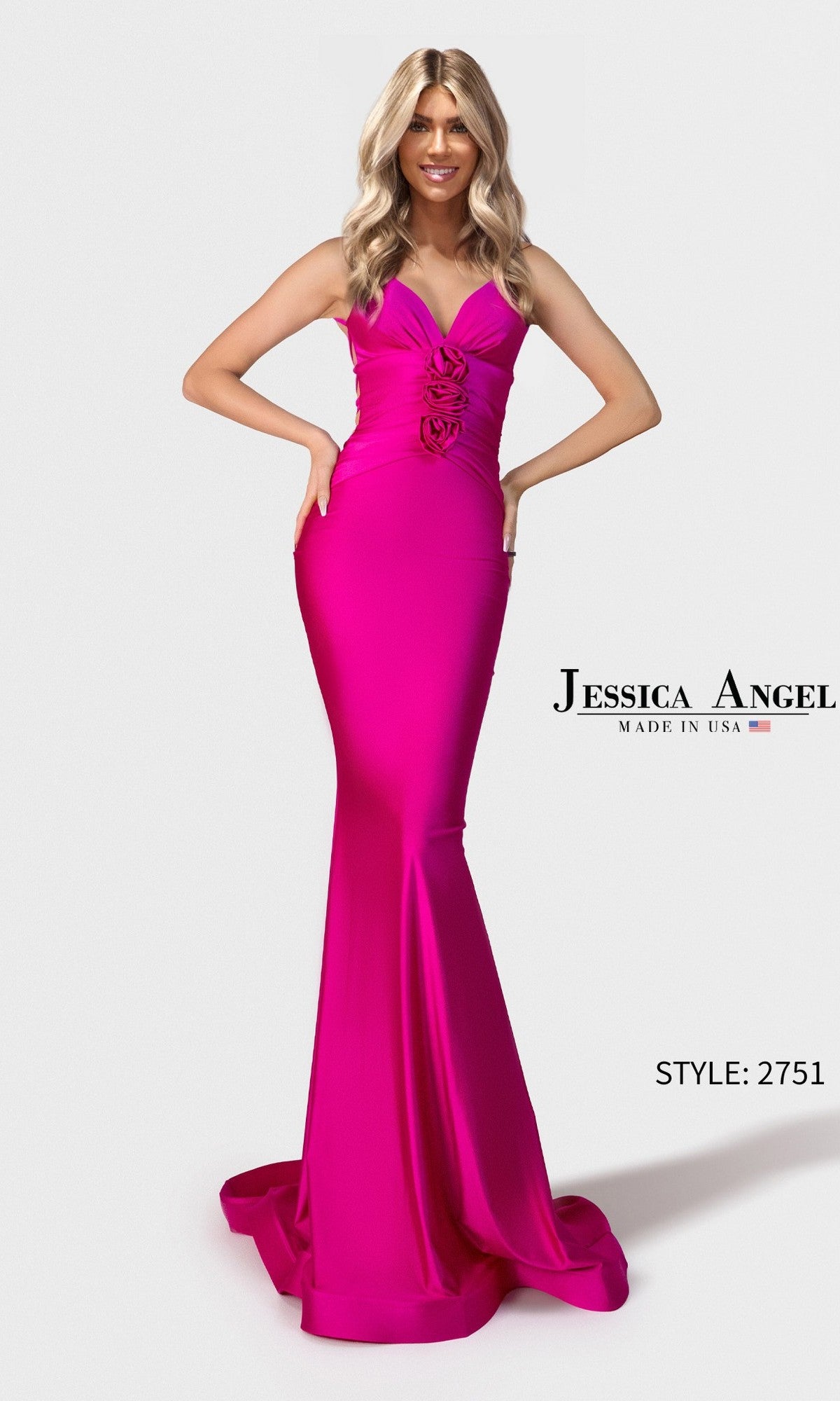 A woman in a fitted, floor-length dark fuchsia prom dress with a sweetheart neckline and mermaid silhouette poses against a white background. Text reads