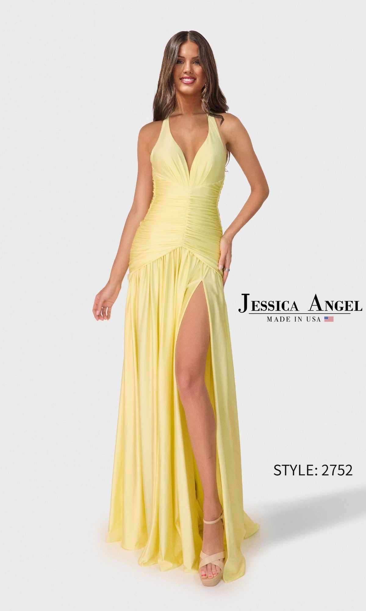 A woman wears the Jessica Angel 2752 Long Prom Dress in pale yellow, featuring a sleeveless design, deep V neckline, ruched fitted bodice, and high thigh slit.