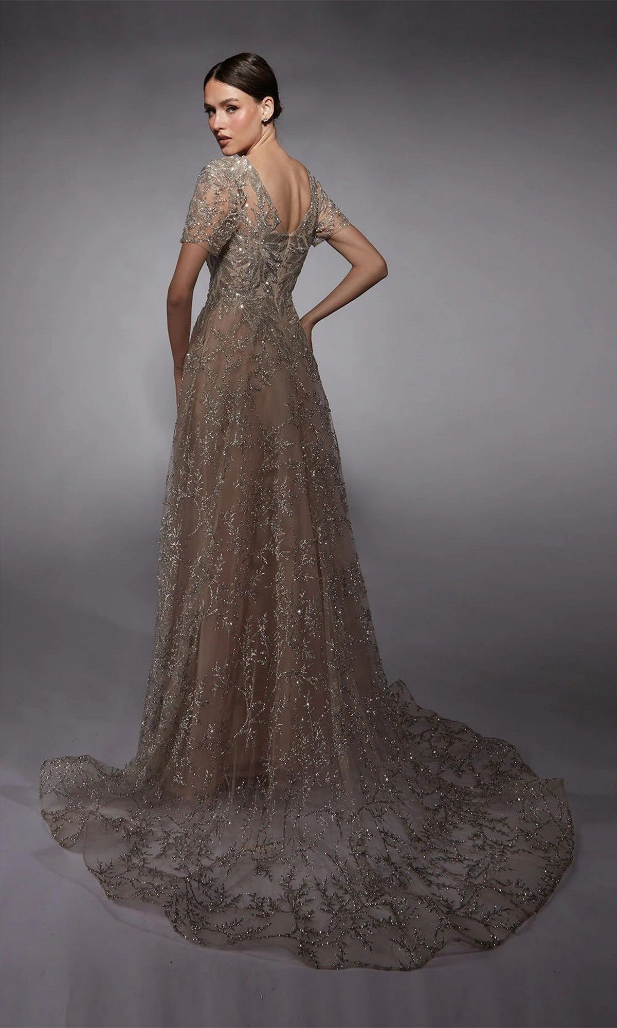 A woman poses in the Alyce 27726 long formal dress, showcasing short sleeves, a V-back, and a sheer embroidered glitter tulle train against a gray studio backdrop.