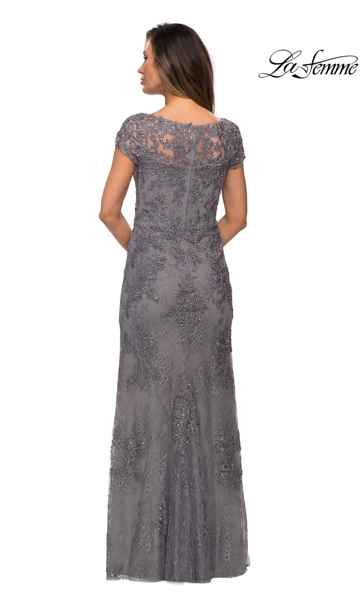 Back view of the Long Formal Dress: La Femme 27856, a grey lace dress featuring a floor-length sheath silhouette, short sleeves, and an illusion neckline.