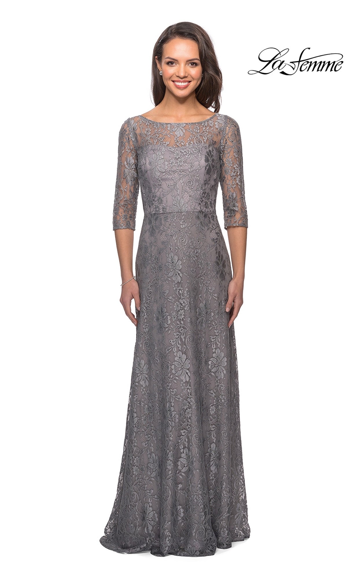 La Femme 27857 platinum gray floor-length A-line lace gown with three-quarter sleeves and a high illusion boat neckline.