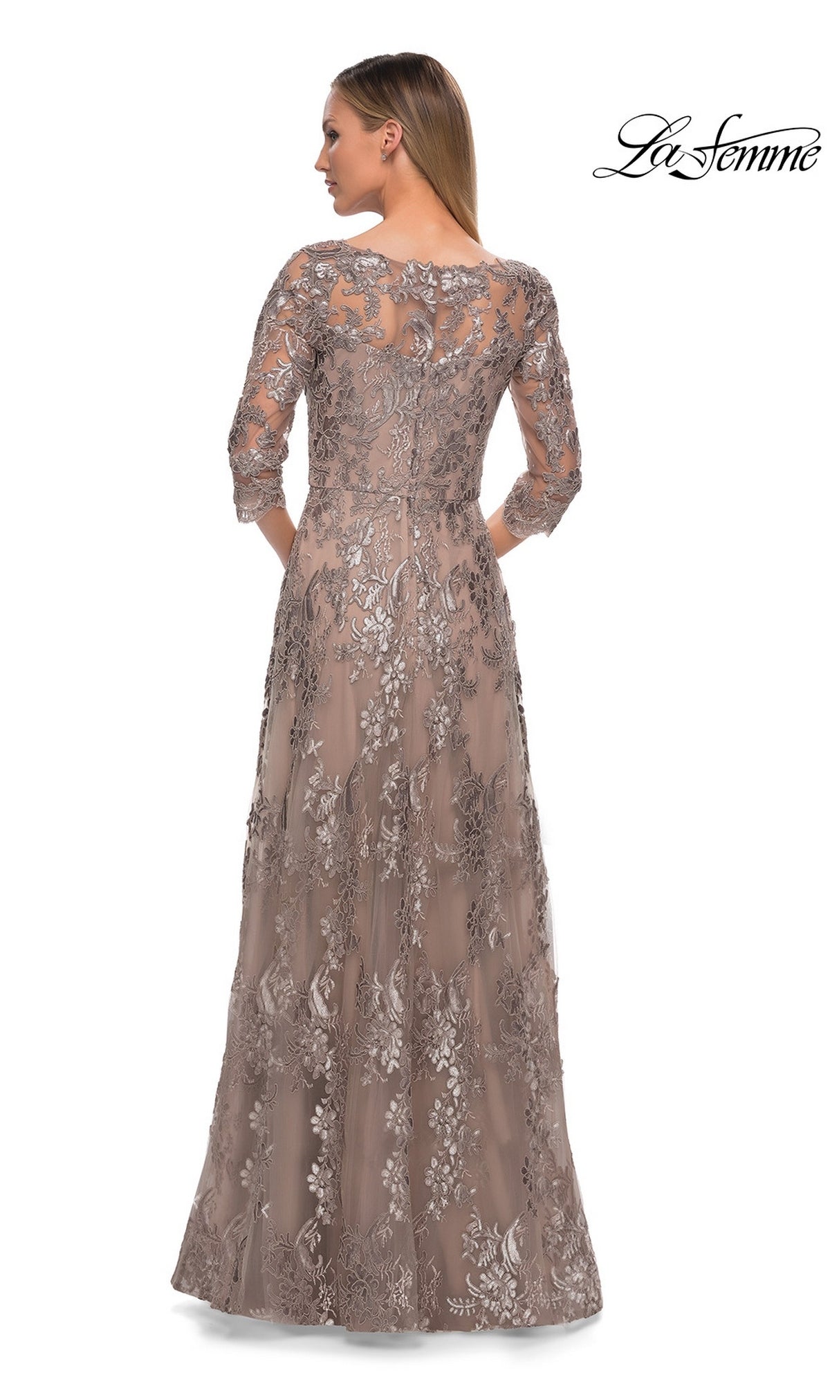 Back view of a Long Formal Dress: La Femme 27885, a floor-length taupe A-line gown with three-quarter length sleeves and an all-over floral sequin-lace overlay.