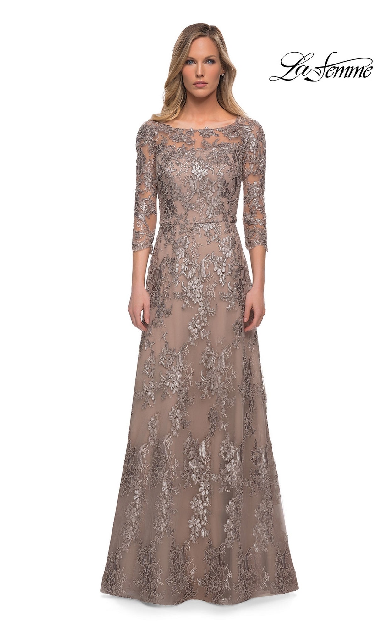 Cocoa-colored La Femme 27885 long formal dress featuring an A-line skirt, three-quarter sleeves, and an embroidered sequin-lace overlay.