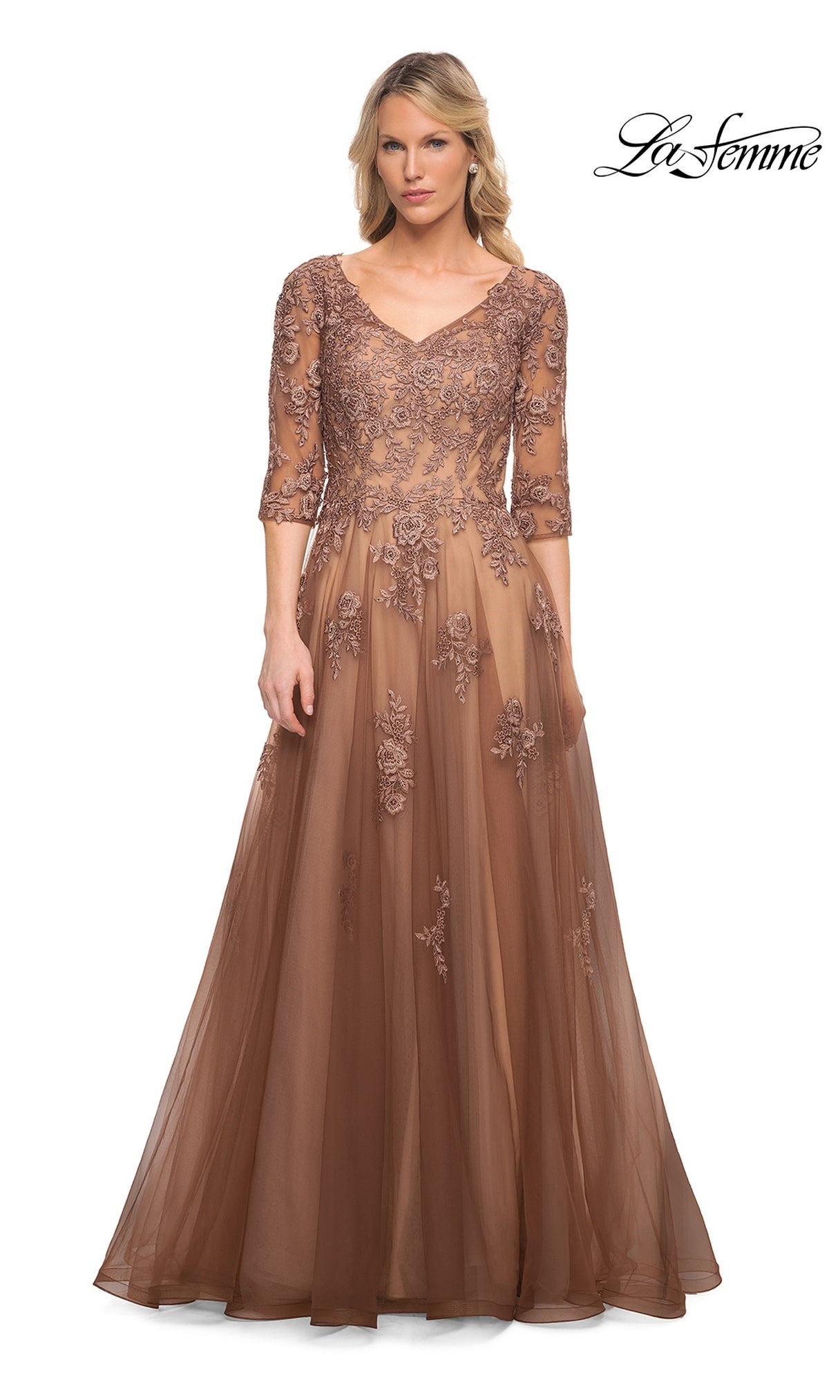 Long Formal Dress: La Femme 27908 in cocoa, featuring a V-neckline, three-quarter sleeves, and floral lace detailing over a full-length tulle skirt.