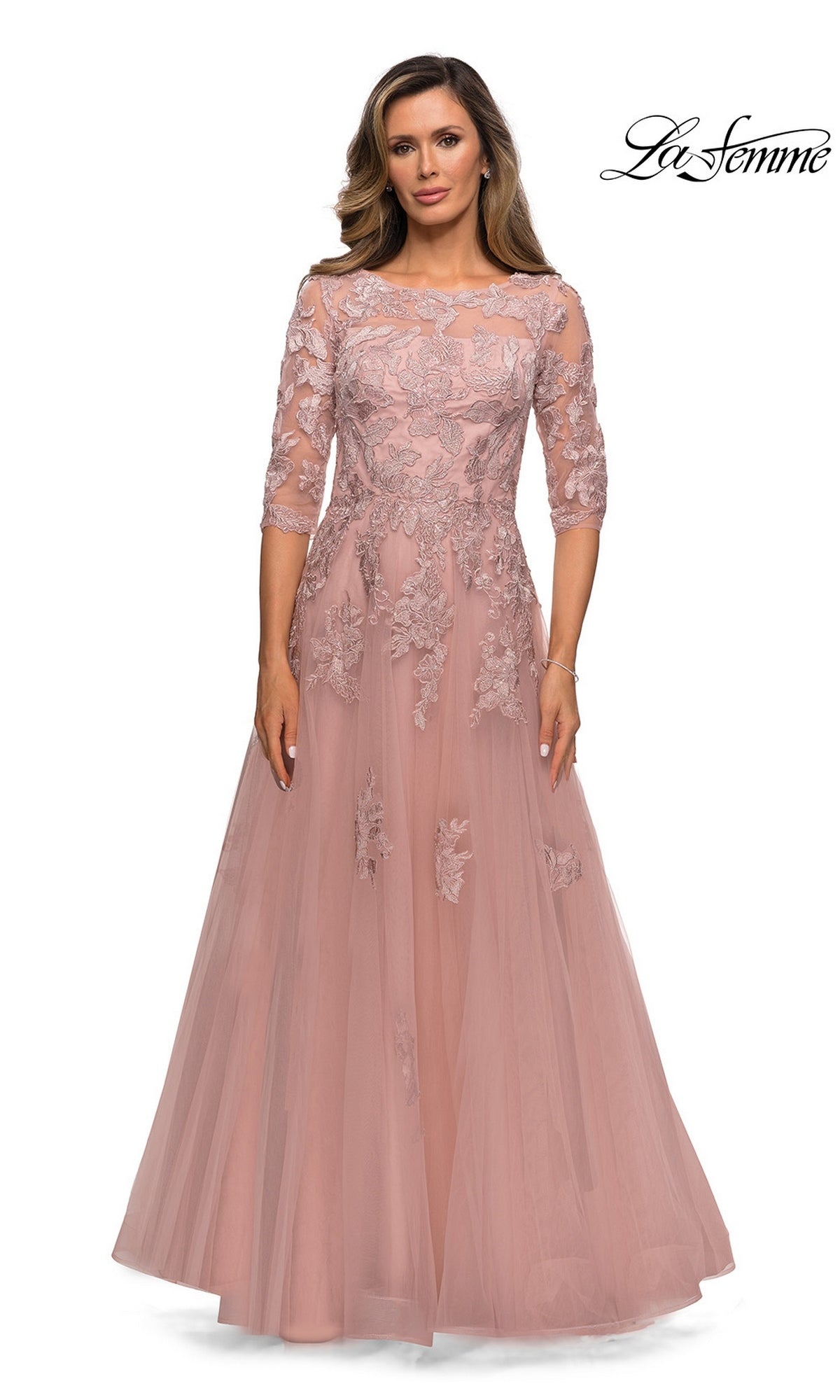 Long Formal Dress: La Femme 27922 in dark blush featuring a modest long silhouette, three-quarter sleeves, boat neckline, and floral lace appliqués on the bodice and skirt.