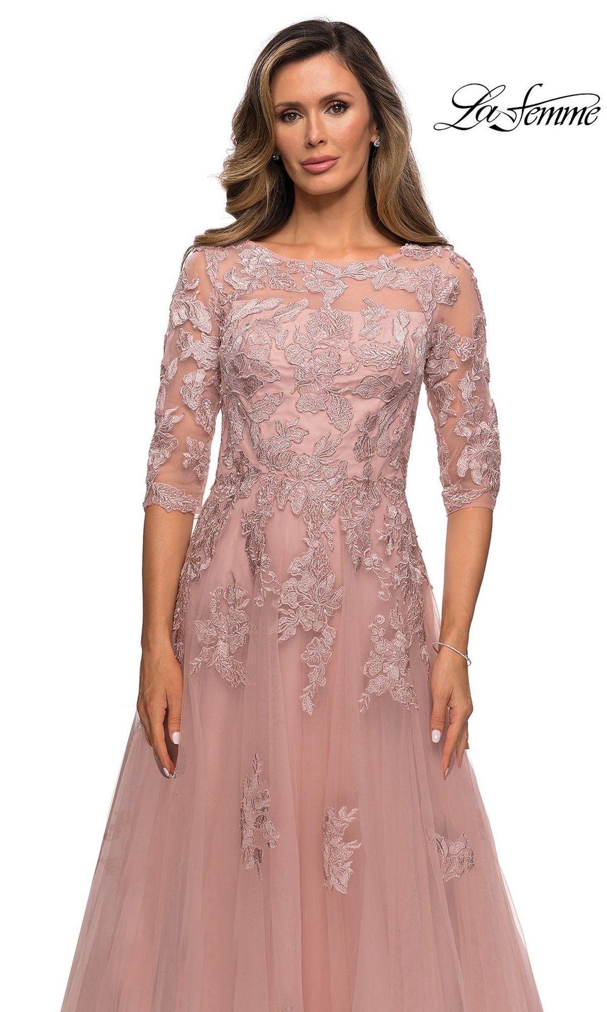 La Femme 27922 dusty rose modest long formal dress with three-quarter sleeves, featuring a sheer mesh overlay and floral lace appliqué.