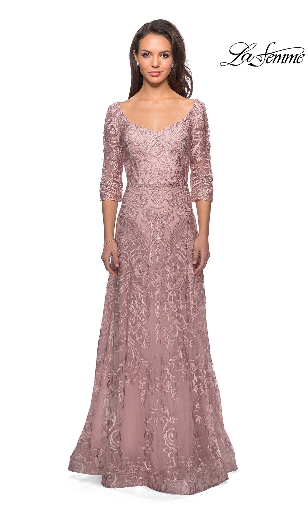 Long Formal Dress: La Femme 27949 in mauve, featuring a floor-length silhouette, sweetheart neckline, three-quarter sleeves, and intricate floral embroidered lace.