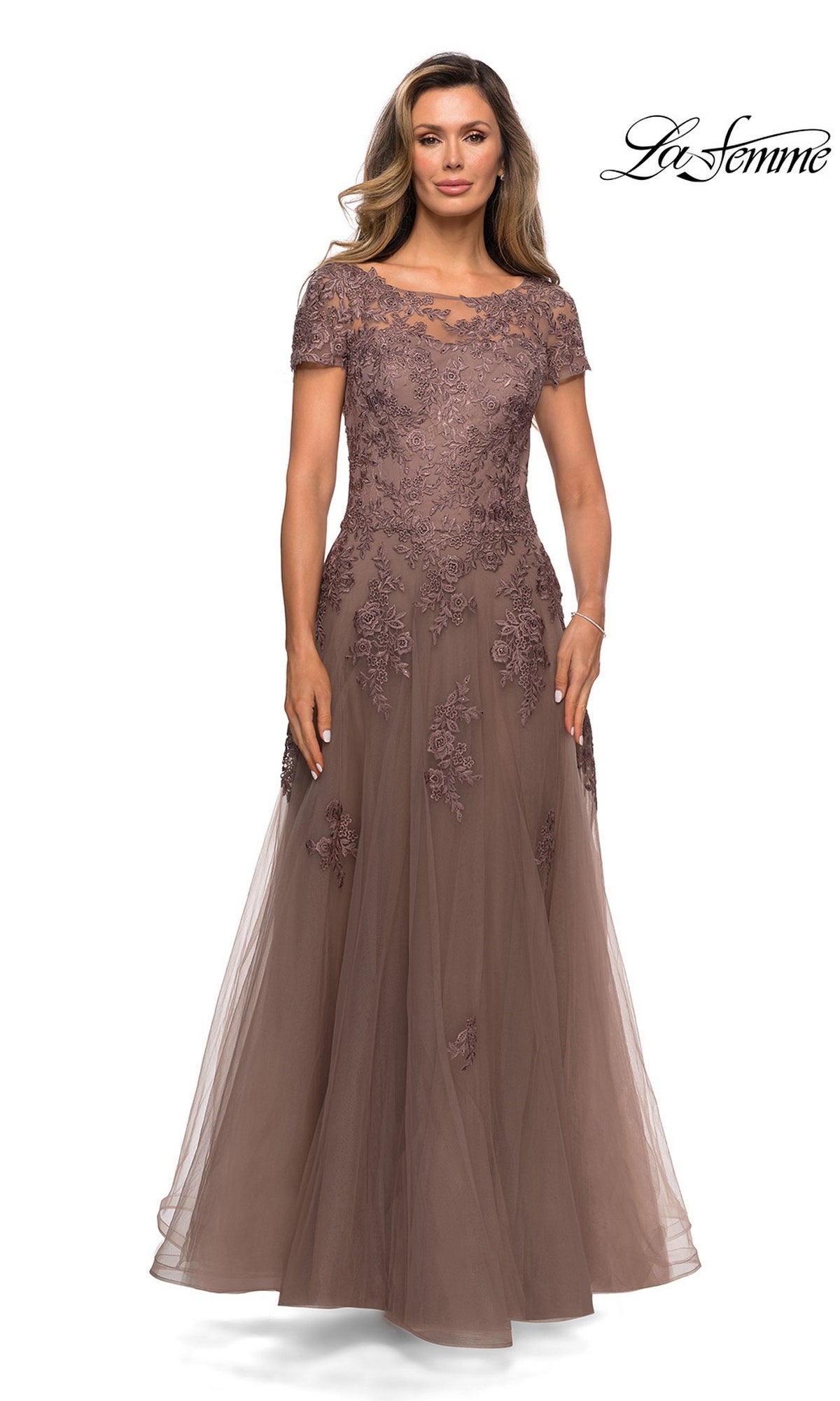 Cocoa-colored Long Formal Dress: La Femme 27958 featuring a sheer illusion neckline, short sleeves, and an A-line tulle skirt with beaded floral appliqués.
