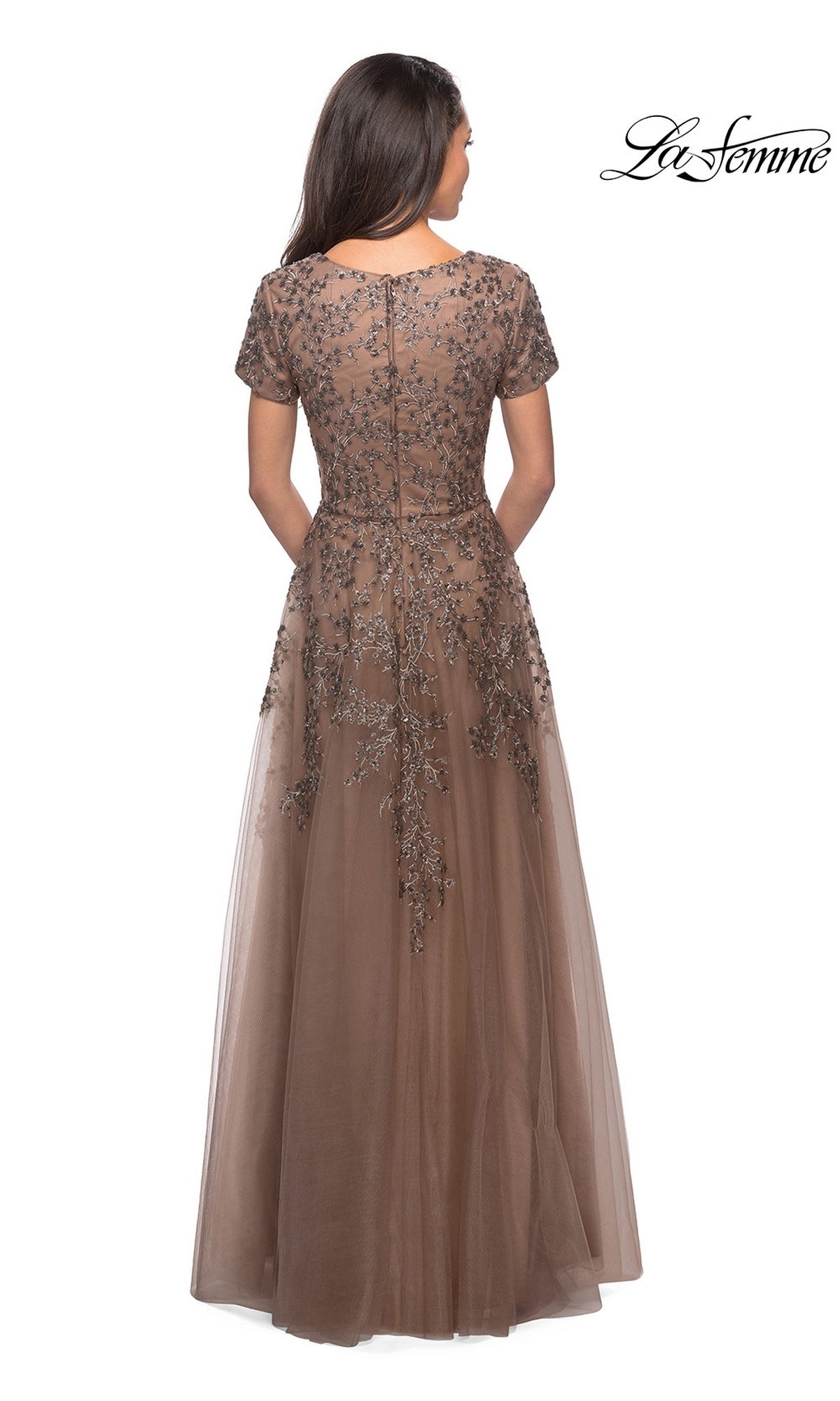 Back view of the Long Formal Dress: La Femme 28037, a brown, floor-length A-line tulle gown with short sleeves and floral beadwork embroidery on the bodice.
