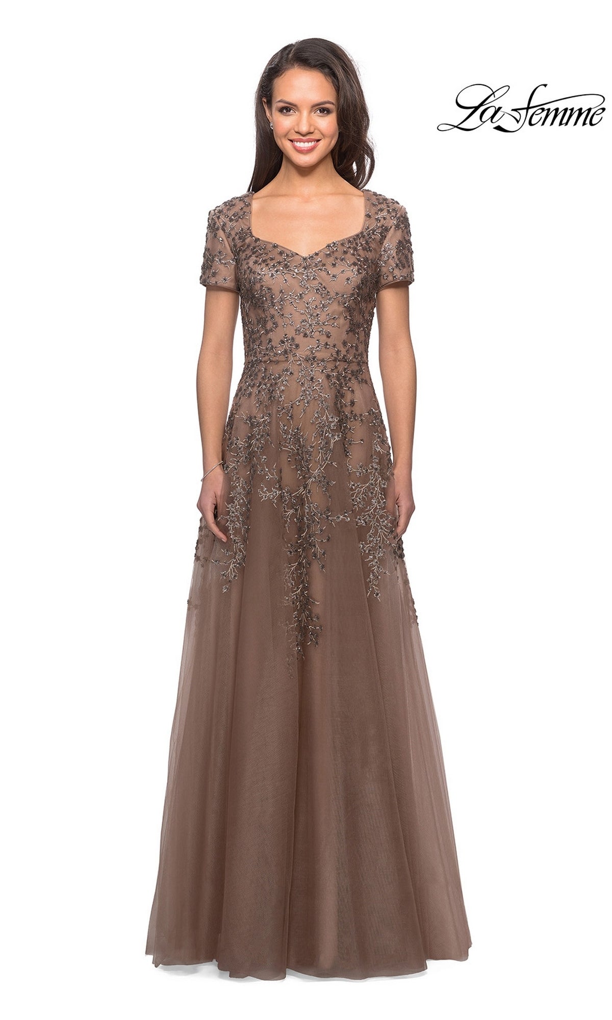 Cocoa-colored Long Formal Dress: La Femme 28037 featuring a sweetheart neckline, intricate beaded vine embroidery on the bodice, and an A-line tulle skirt.