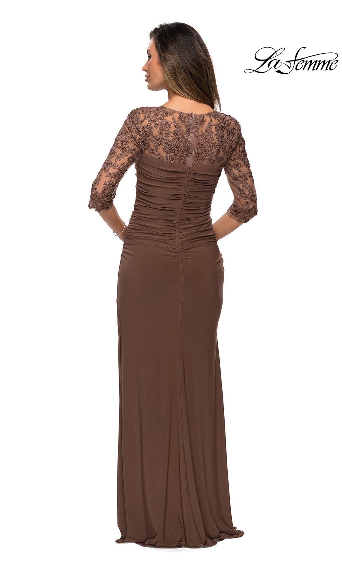Back view of the Long Formal Dress: La Femme 28056, a floor-length brown lace evening dress with three-quarter sleeves and a ruched bodice.