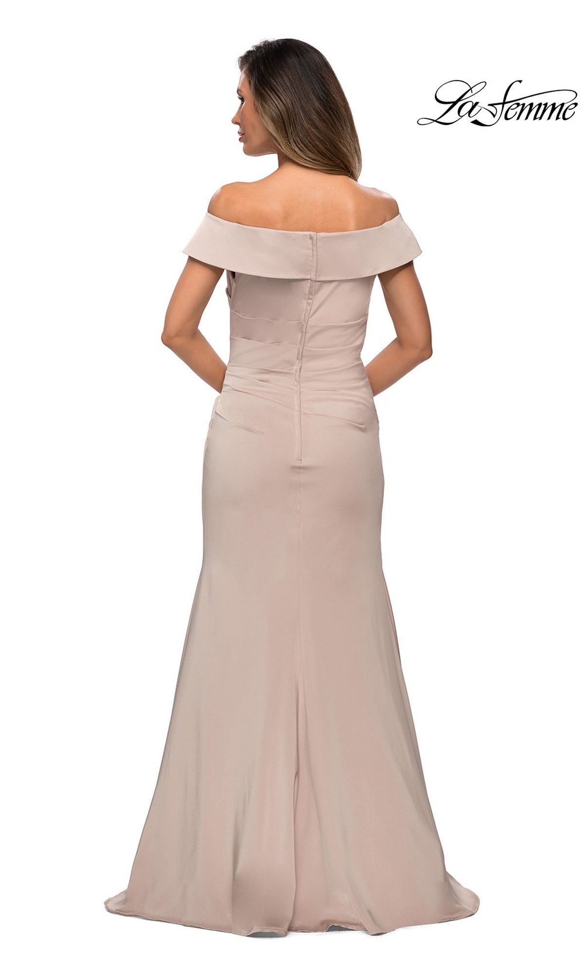Woman wearing the Long Formal Dress: La Femme 28110, satin off-the-shoulder trumpet silhouette, shown from behind against a white background.