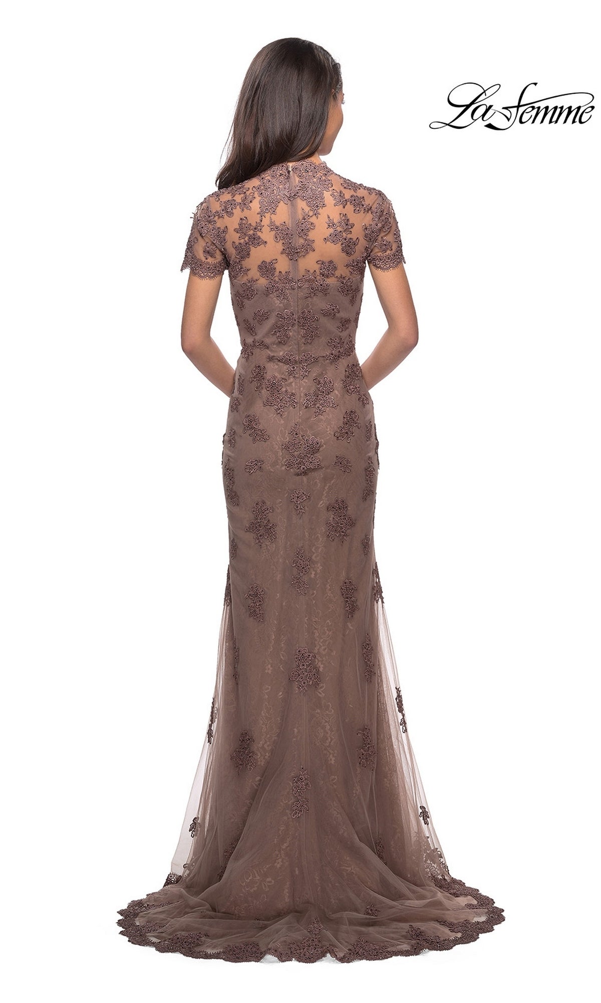 Back view of the Long Formal Dress: La Femme 28195, a mauve, floor-length scalloped lace formal dress with short sleeves and a floral overlay.