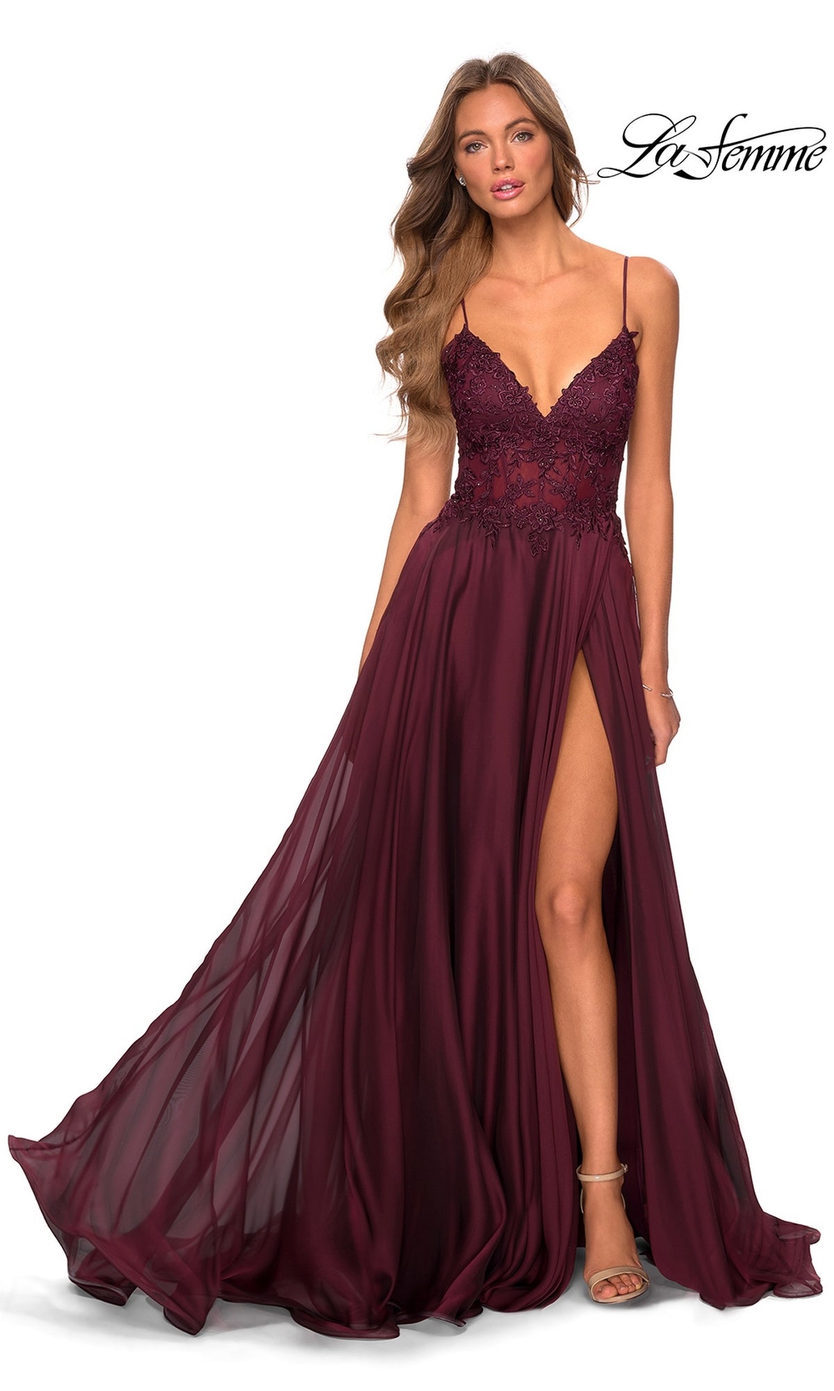 A garnet-colored Long Prom Dress: La Femme 28543, a floor-length chiffon gown with a lace bodice, spaghetti straps, and a high side slit.
