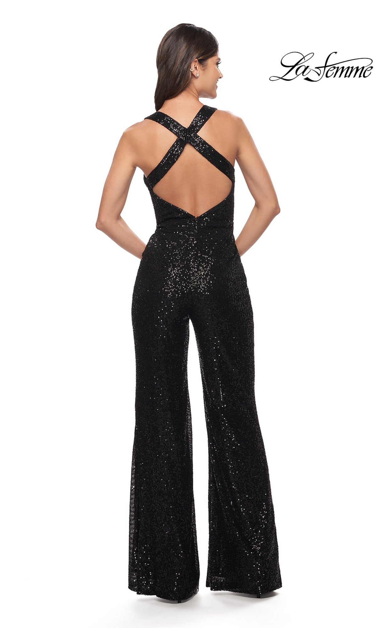 A woman in the La Femme Long Sequin Prom Jumpsuit 28719.