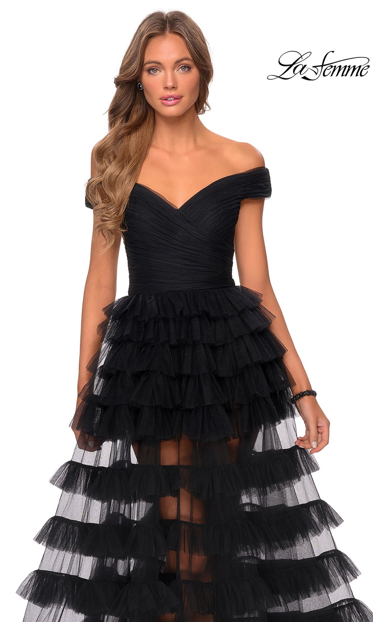 La Femme 28804 black off-the-shoulder evening dress featuring a ruched bodice and a tiered tulle skirt.