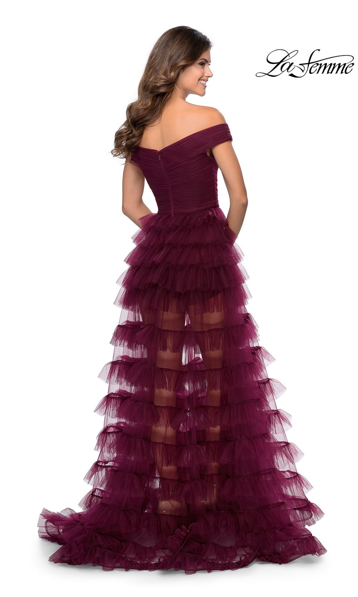 La Femme 28804 long prom dress in burgundy, featuring an off-the-shoulder neckline, fitted bodice, and a high-low skirt with tiered tulle ruffles.