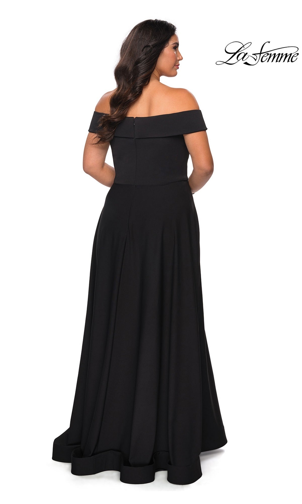 Woman wearing Long Plus-Size Prom Dress: La Femme 29007, an off-the-shoulder, floor-length A-line gown with fitted bodice, viewed from the back. “La Femme” logo top right.