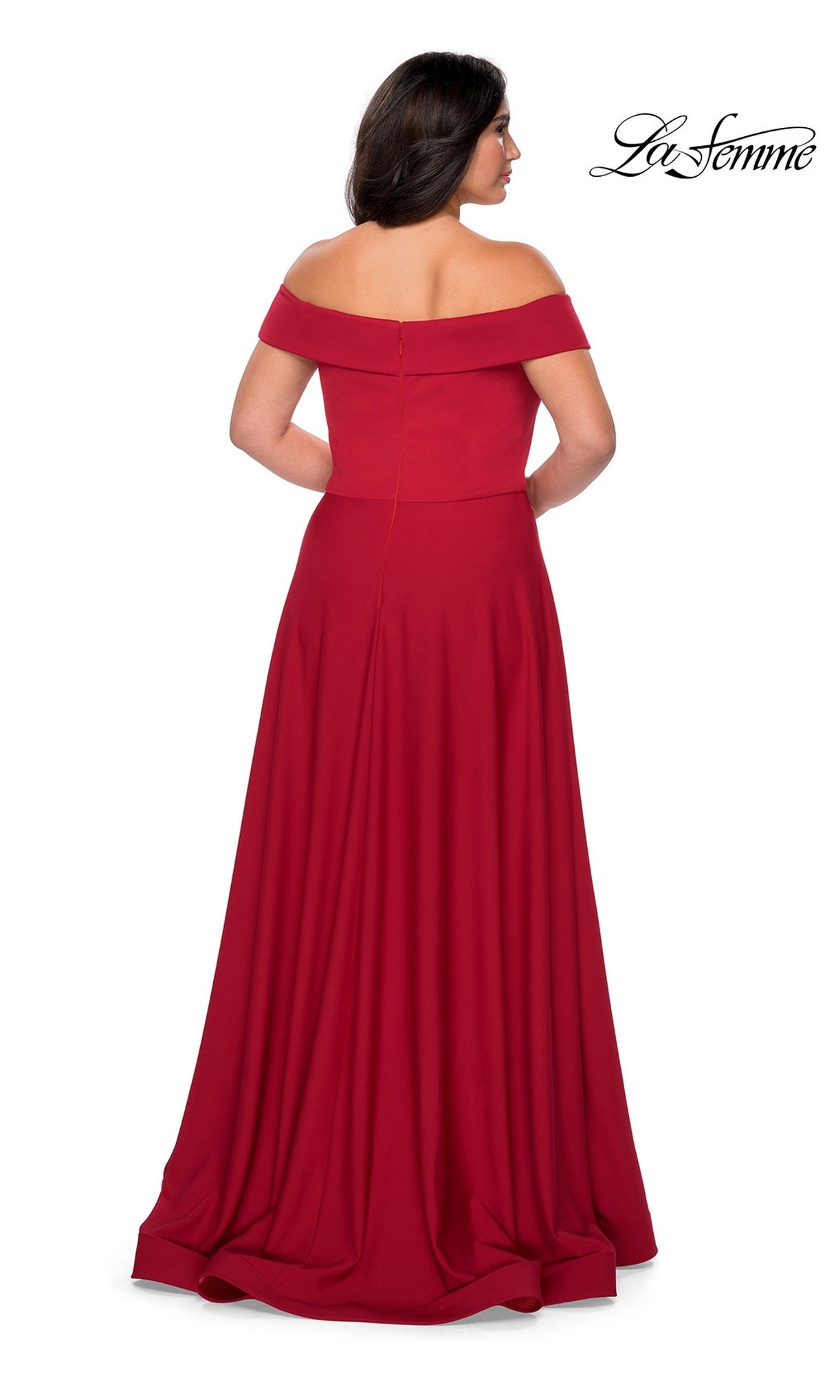 Woman in a red, off-the-shoulder, floor-length Long Plus-Size Prom Dress: La Femme 29007, facing away with the La Femme logo in the top right corner.