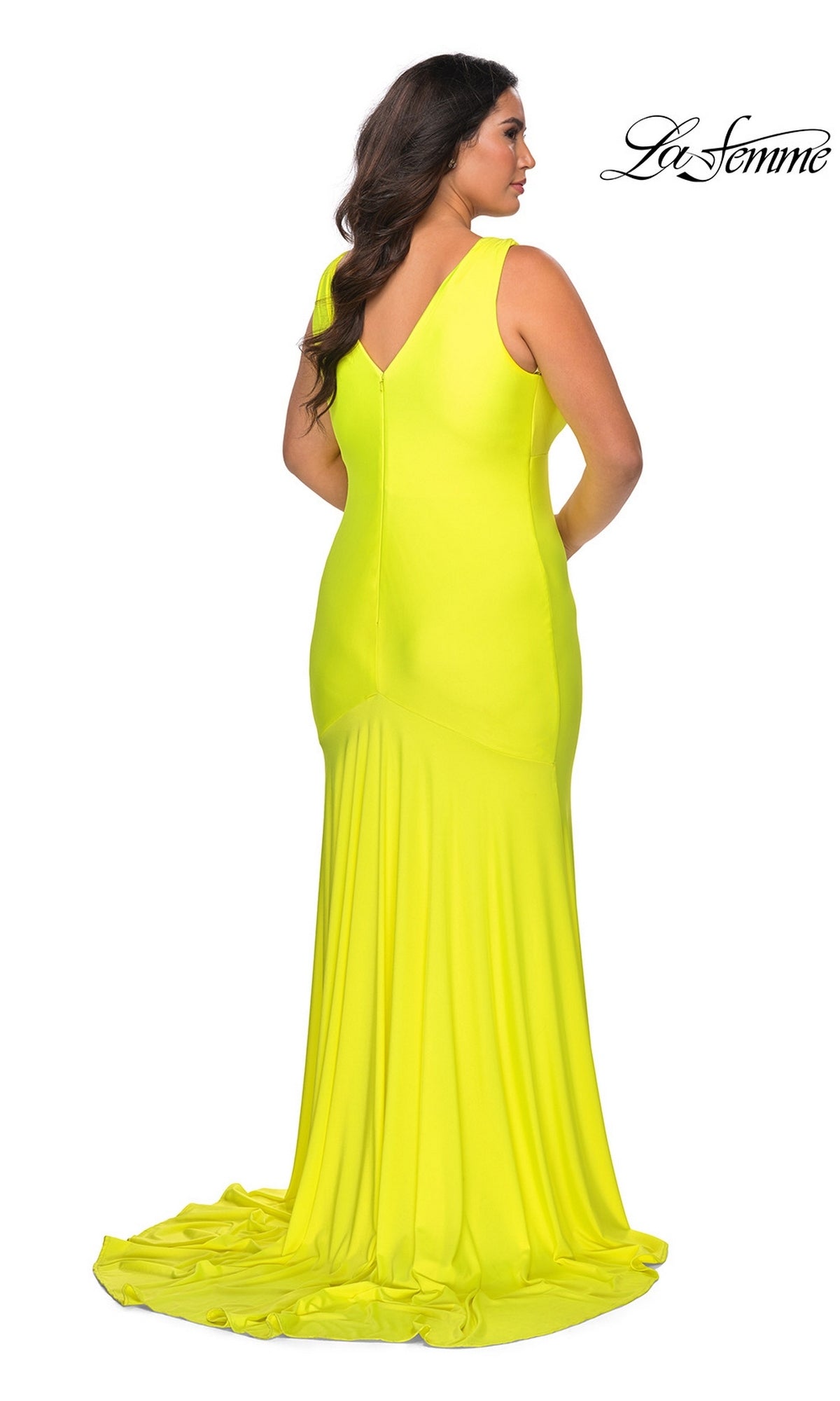 La Femme 29016 plus-size neon yellow floor-length jersey prom dress with a V-neckline, faux wrap-style, and a small train.
