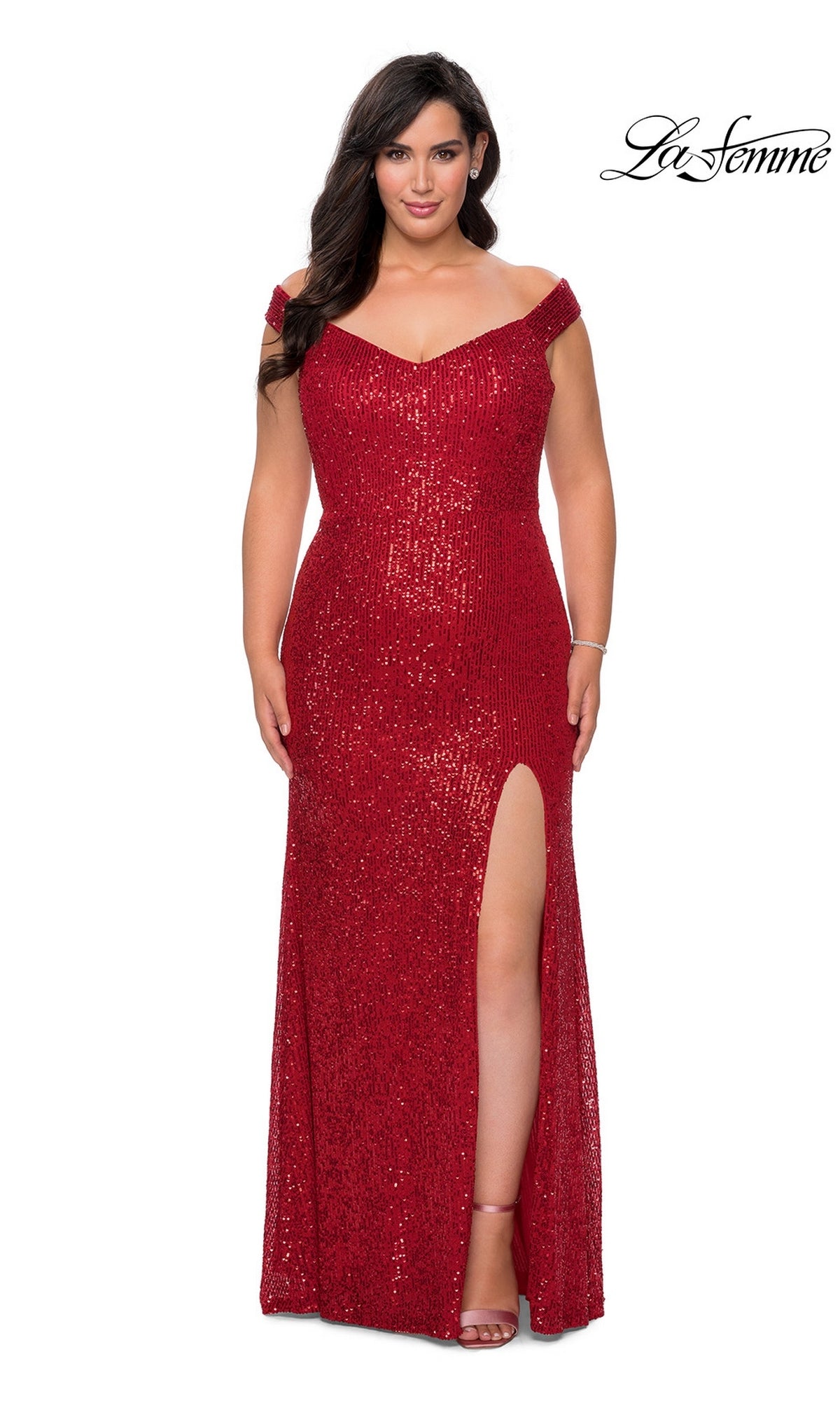 A red, off-the-shoulder, sequin floor-length La Femme 29023 gown with a high side slit.