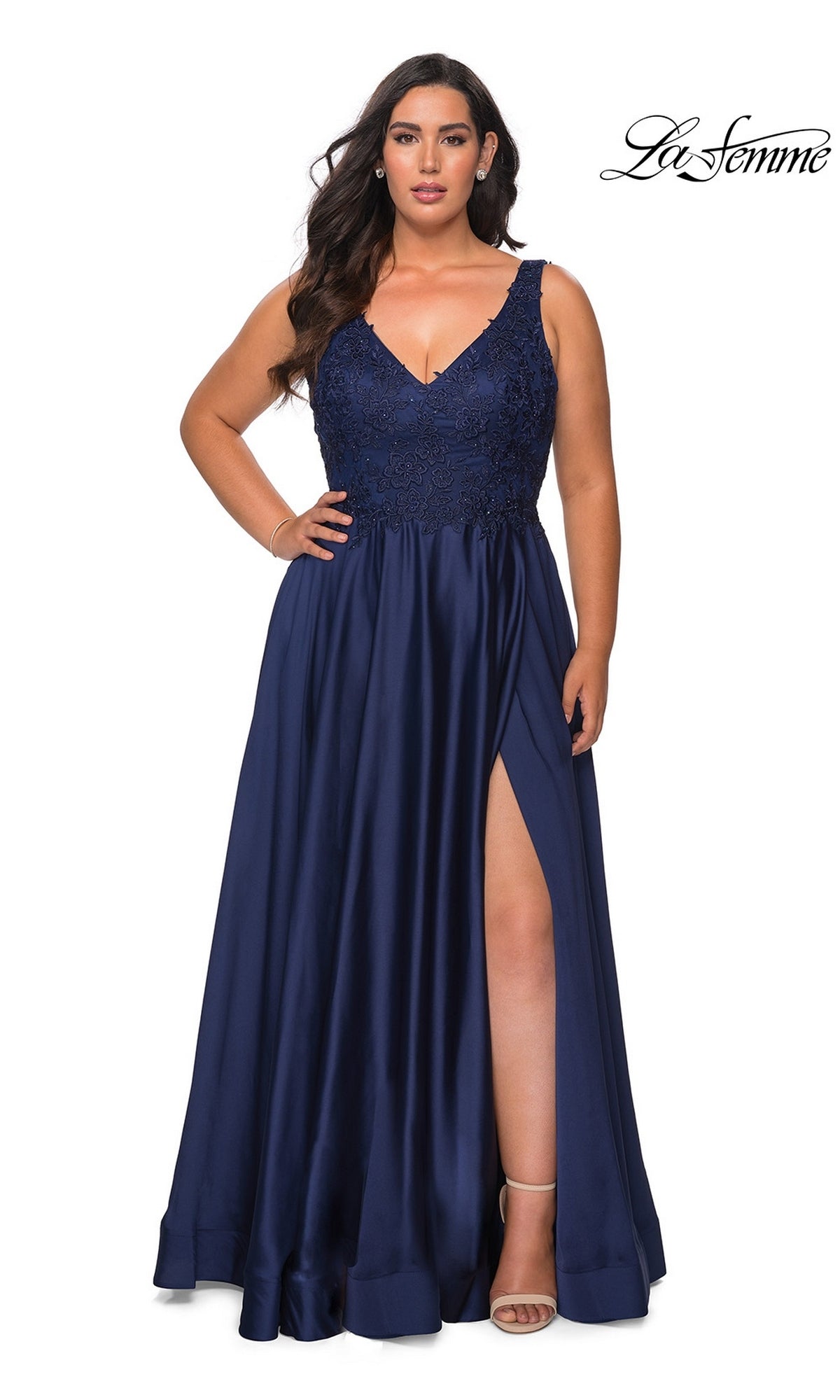 Long Plus-Size Prom Dress: La Femme 29039 in navy blue satin, featuring a lace bodice, V-neckline, and a floor-length silhouette with a high leg slit.