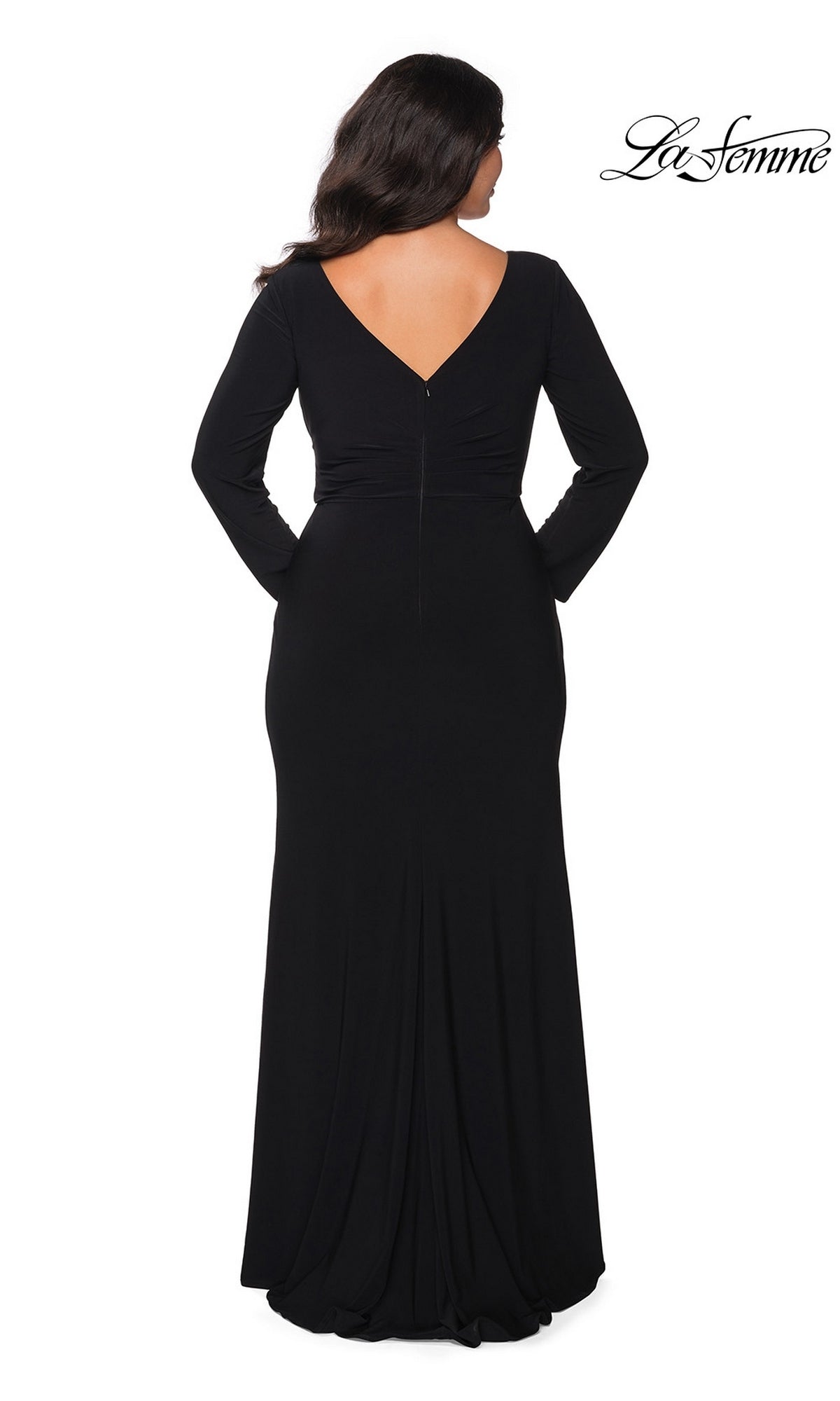 Back view of the Long Plus-Size Prom Dress: La Femme 29044, a long-sleeve evening gown with a faux wrap bodice and a V-neckline.