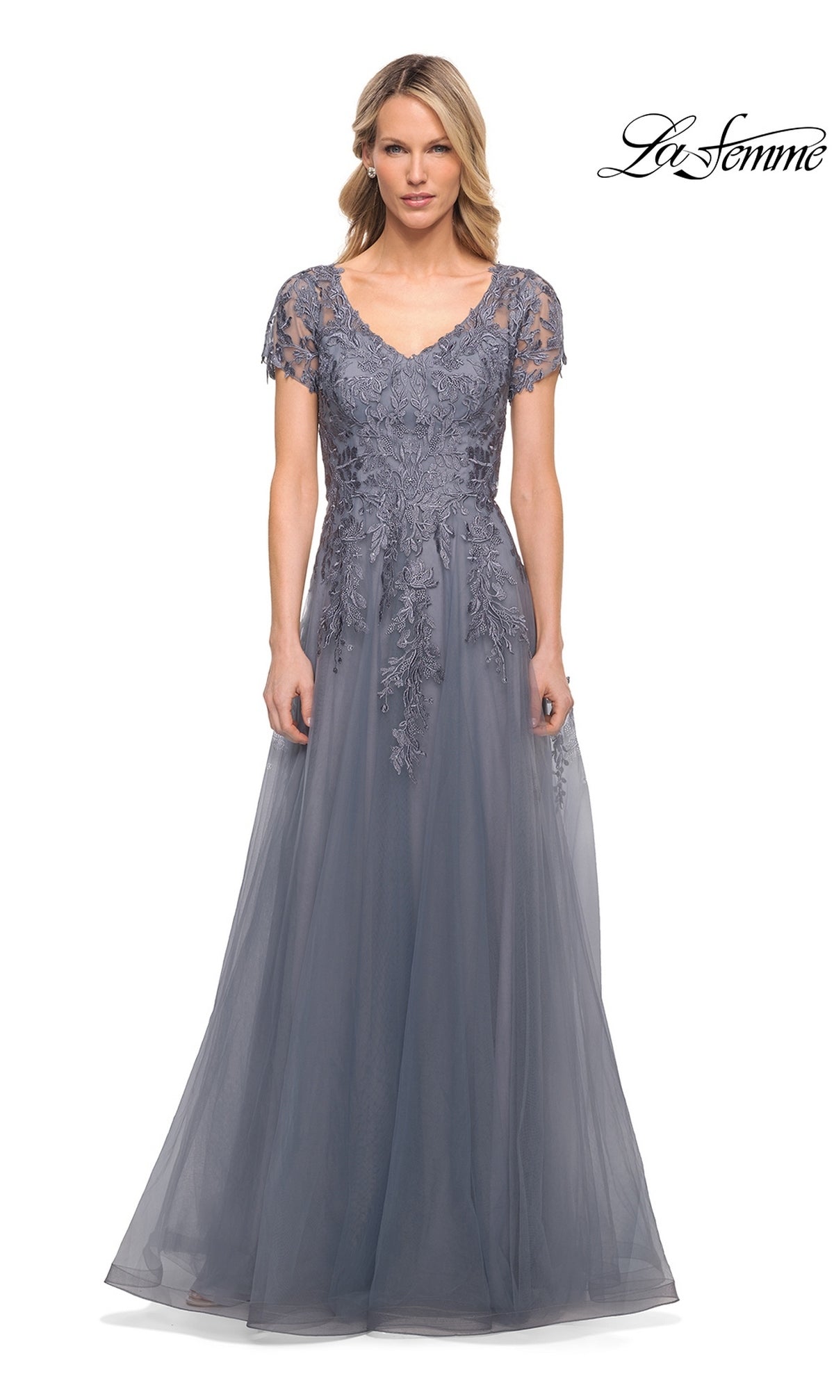 Slate grey floor-length La Femme 29164 formal dress featuring a v-neckline, short lace sleeves, and an embroidered floral lace bodice.