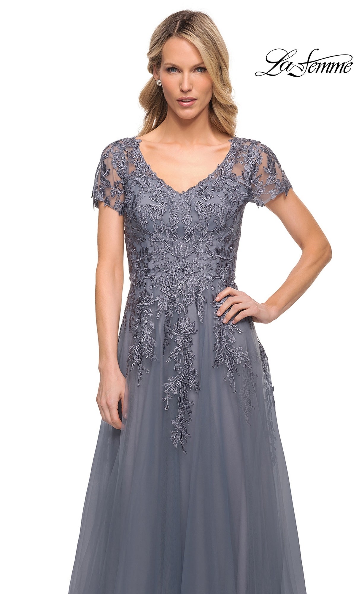 La Femme 29164 grey V-neck mother-of-the-bride dress featuring a lace bodice, short sleeves, and floral embroidery over a layered tulle skirt.