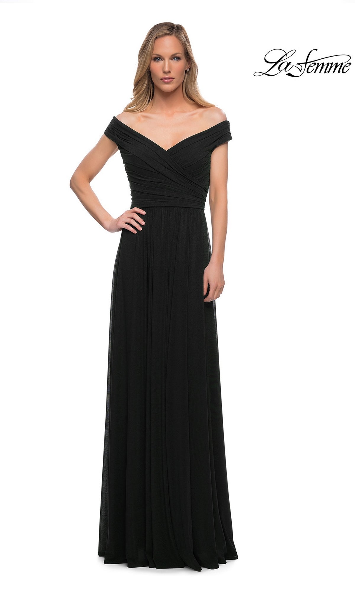 Woman wearing the Long Formal Dress: La Femme 29168 in black, featuring off-the-shoulder style, fitted bodice, and A-line skirt against a plain white background.
