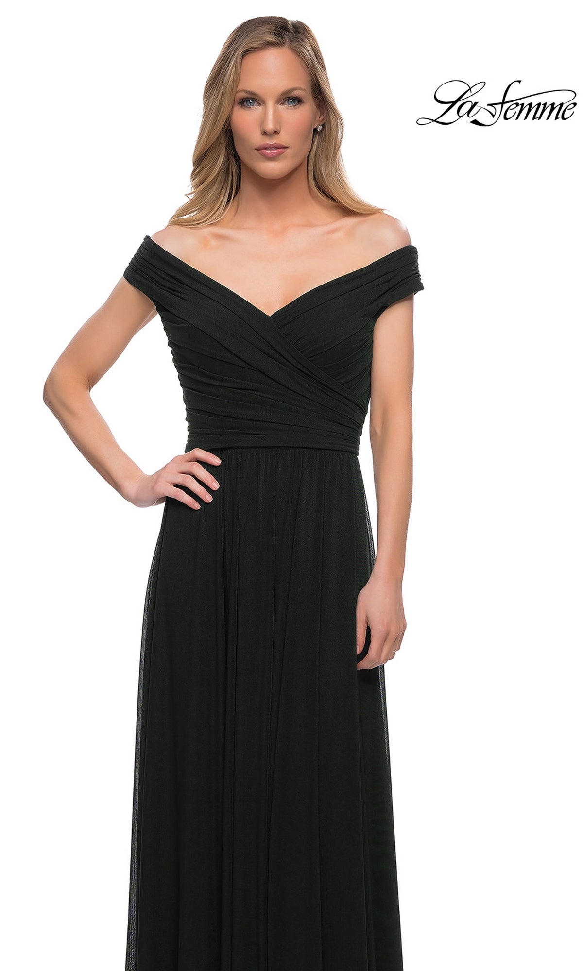A woman models the Long Formal Dress: La Femme 29168—off-the-shoulder, fitted bodice, A-line skirt—against a white background with the “La Femme” logo in the top right.