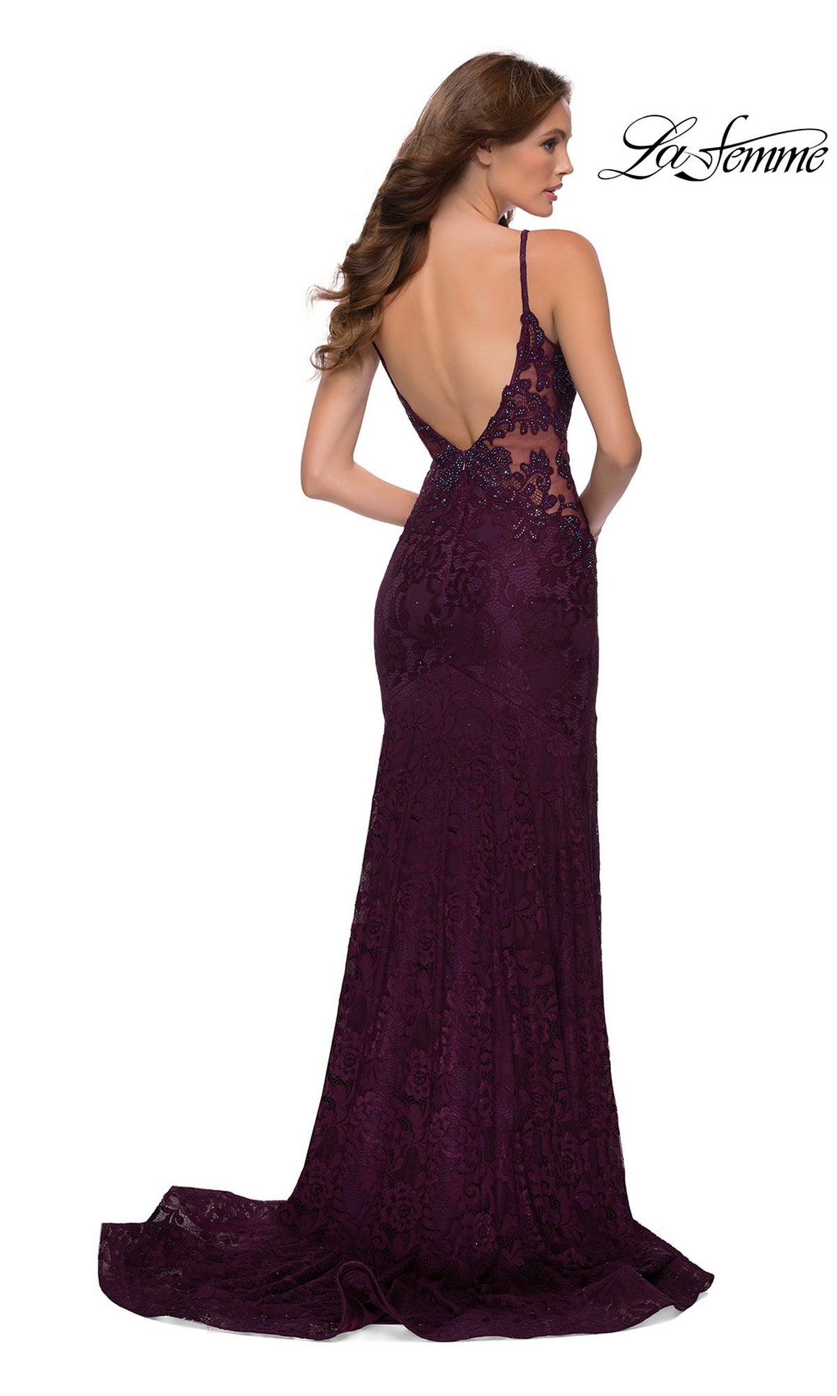 Back view of the deep purple, rhinestone-embellished stretch-lace floor-length Long Prom Dress: La Femme 29679 with thin straps and an open back.