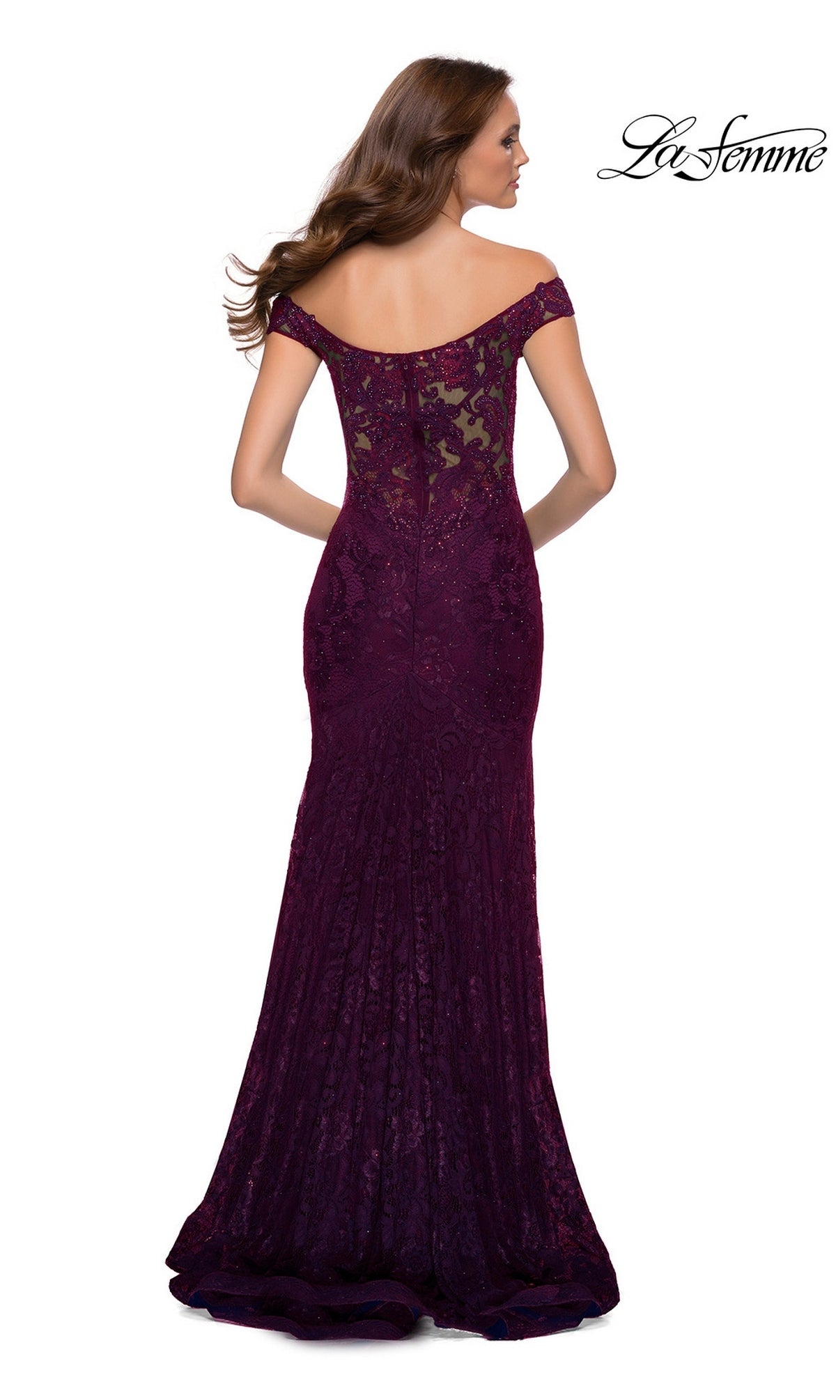 Woman with long hair down shown from the back wearing Long Prom Dress: La Femme 29693, a floor-length, off-shoulder dark purple stretch-lace prom dress; La Femme logo top right.