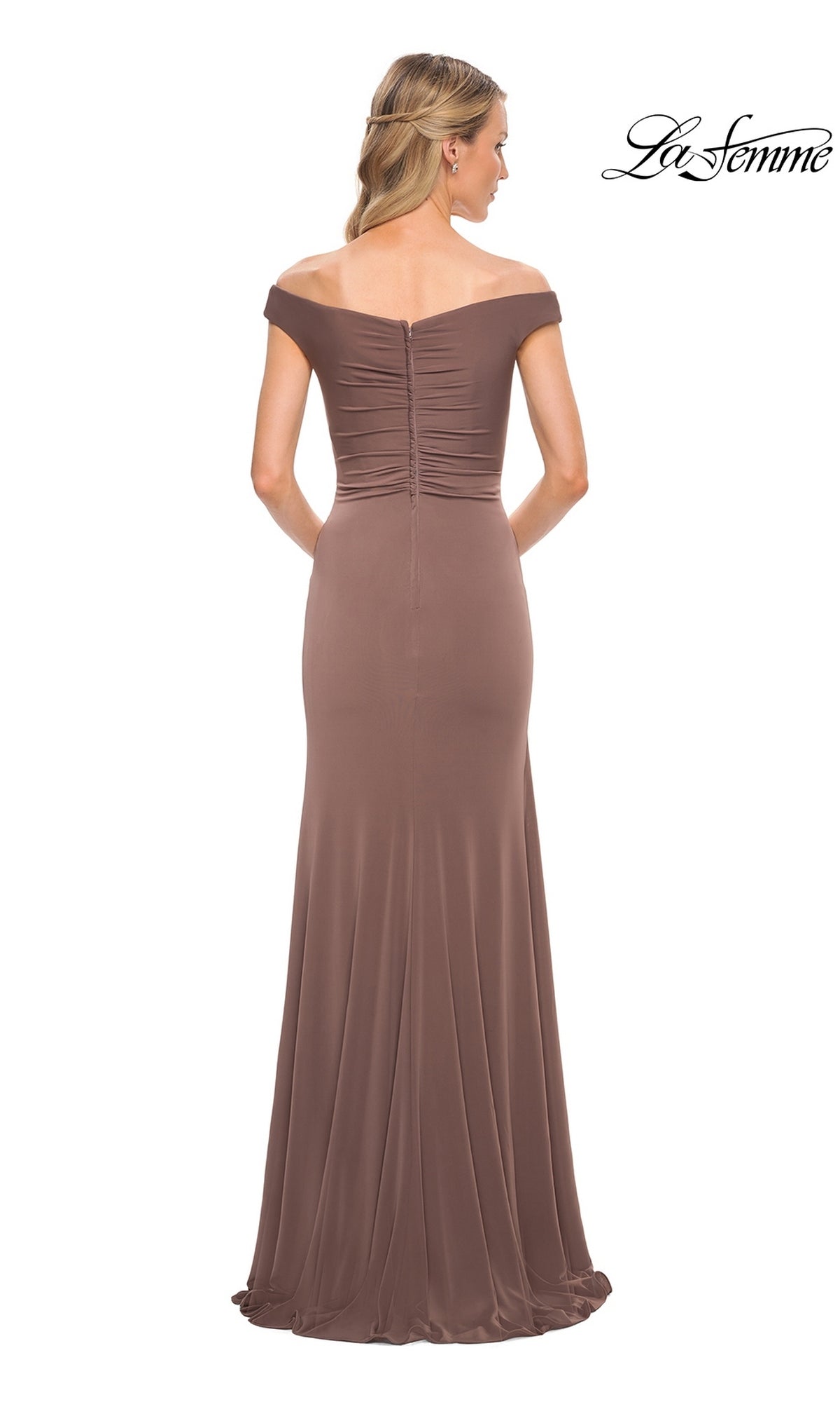 Back view of a woman wearing a La Femme 29925 floor-length, ruffled off-the-shoulder formal gown with a ruched bodice.