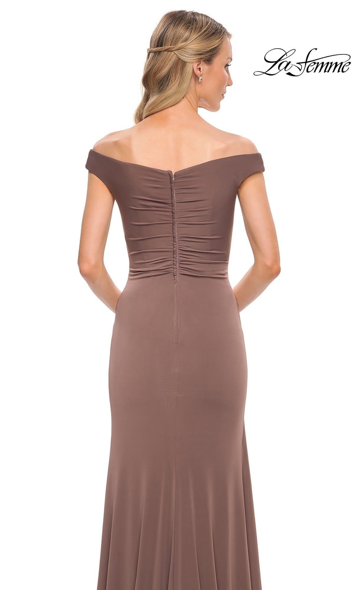 Back view of a brown off-the-shoulder Long Formal Dress: La Femme 29925, featuring a ruched bodice and a center zipper.