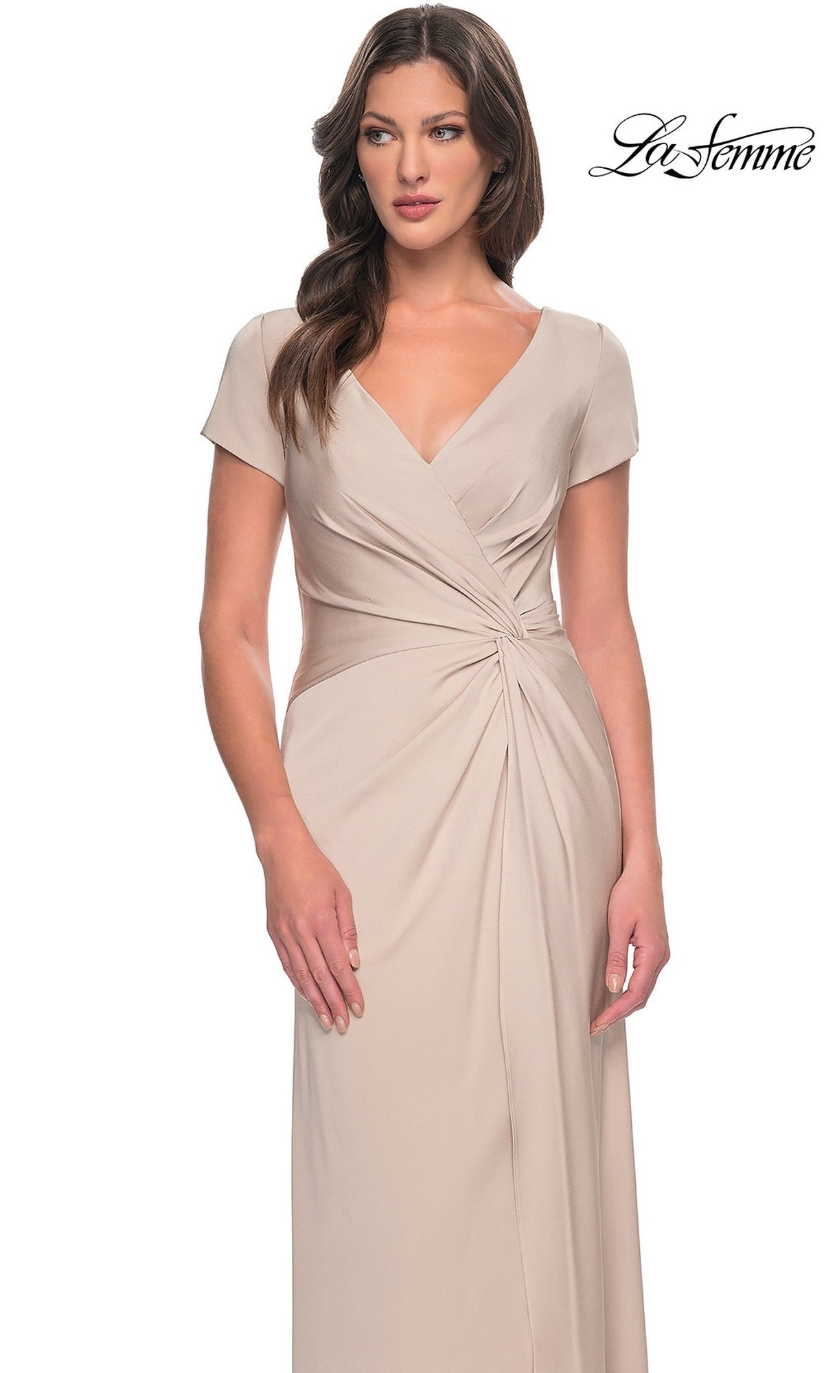 La Femme 29926 beige short-sleeved twist-knot formal dress with a V-neckline and side-gathered detail at the waist.