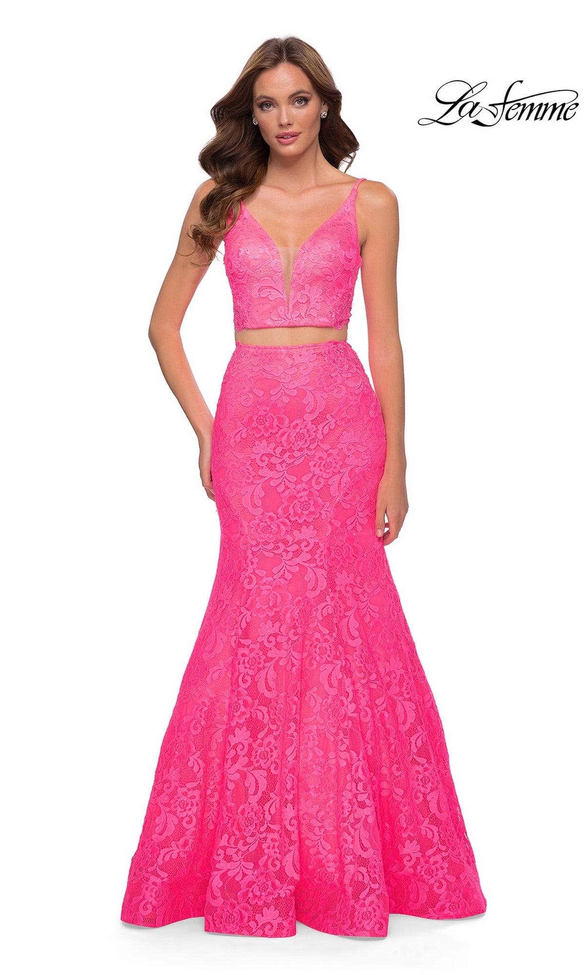 Long Prom Dress: La Femme 29967 in neon pink, featuring a two-piece stretch lace design with a V-neck crop top and a floor-length mermaid skirt.