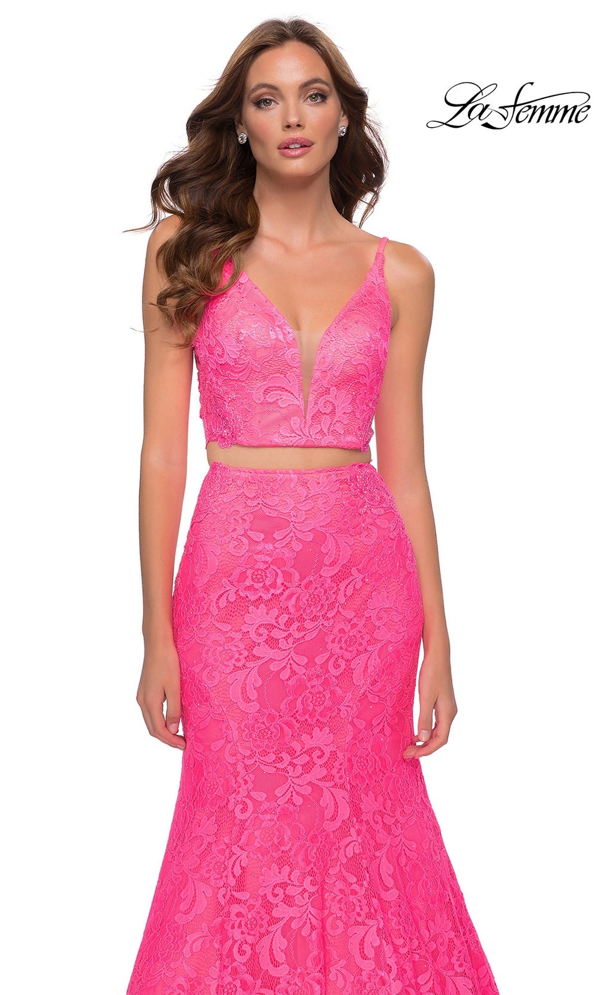 La Femme 29967 bright neon pink two-piece stretch lace dress with a V-neckline and a mermaid skirt.